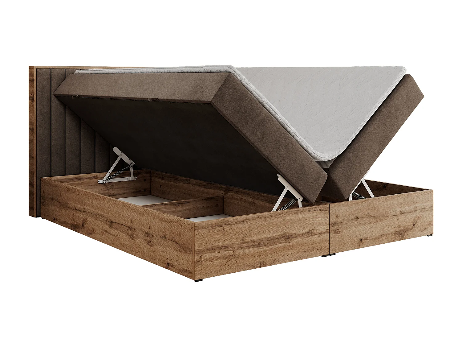 Boxspringbett ALBERO 4, Eiche Wotan Holzrahmen, mit Stauraum, genähtes Kopfteil - 200x200 cm - H3 - Braun Velvet