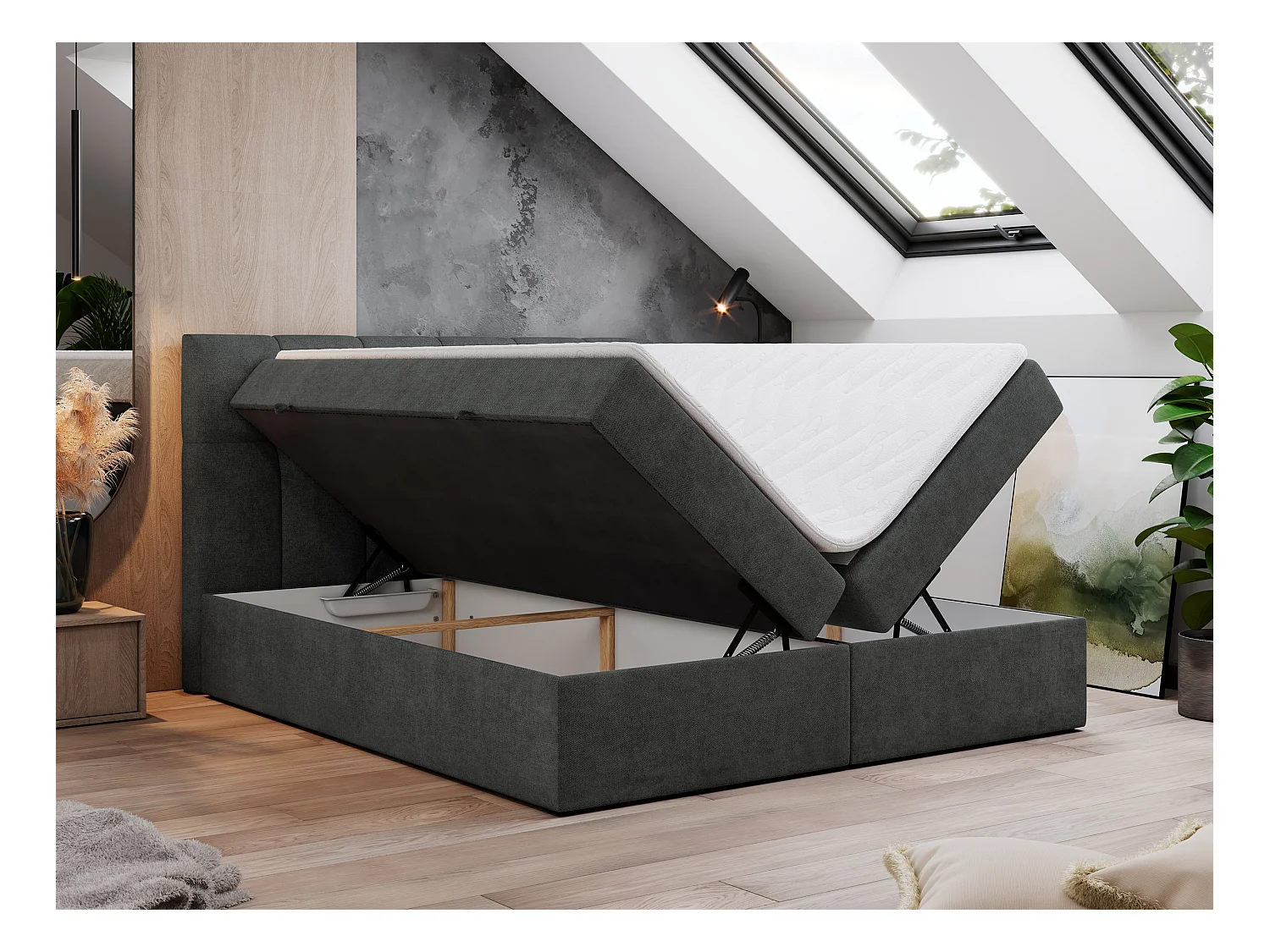 Boxspringbett RICO, Doppelbett mit Matratze, zwei Bettkästen, Bett mit Kopfteil - 160x200 cm - H3 - Dunkelgrau Stukture