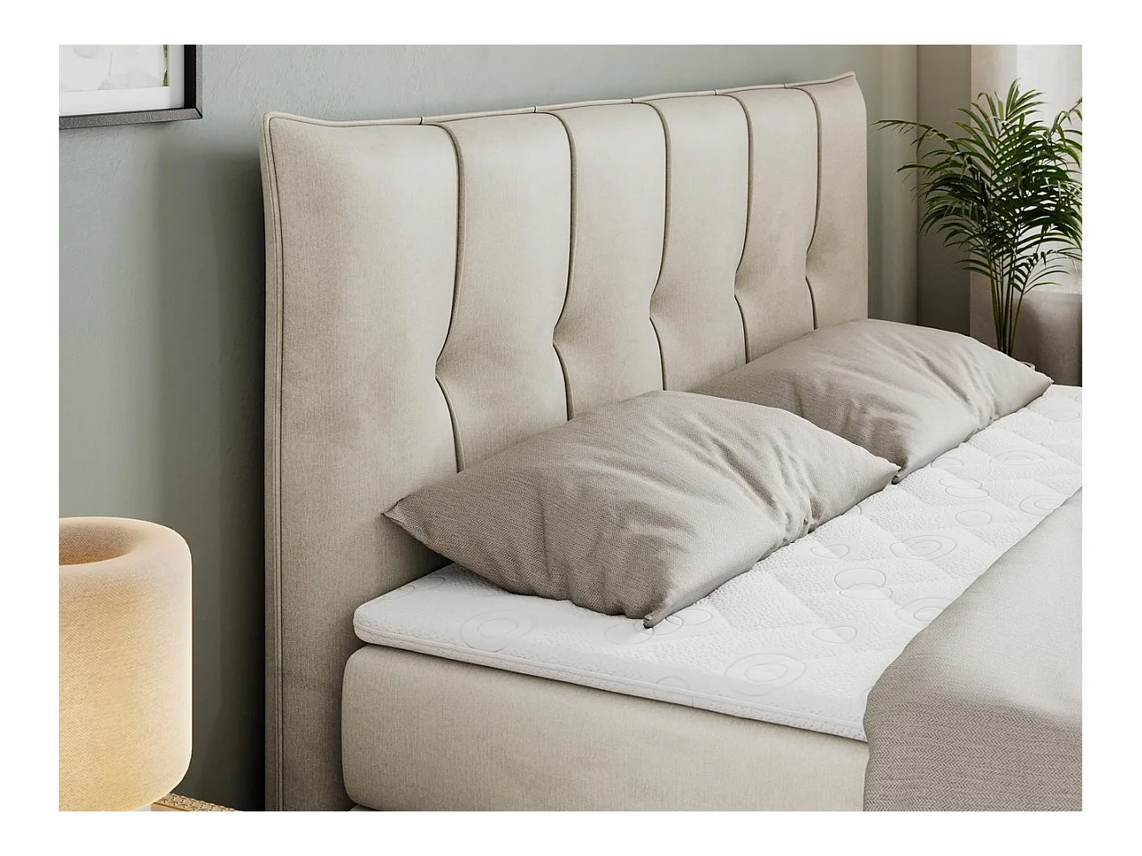 Boxspringbett PREMIUM 10 KING, Doppelbett mit Stauraum, gesteppte Kopfstütze, Multipocket-Matratze - 200x200 cm - H4 - Beige Velvet