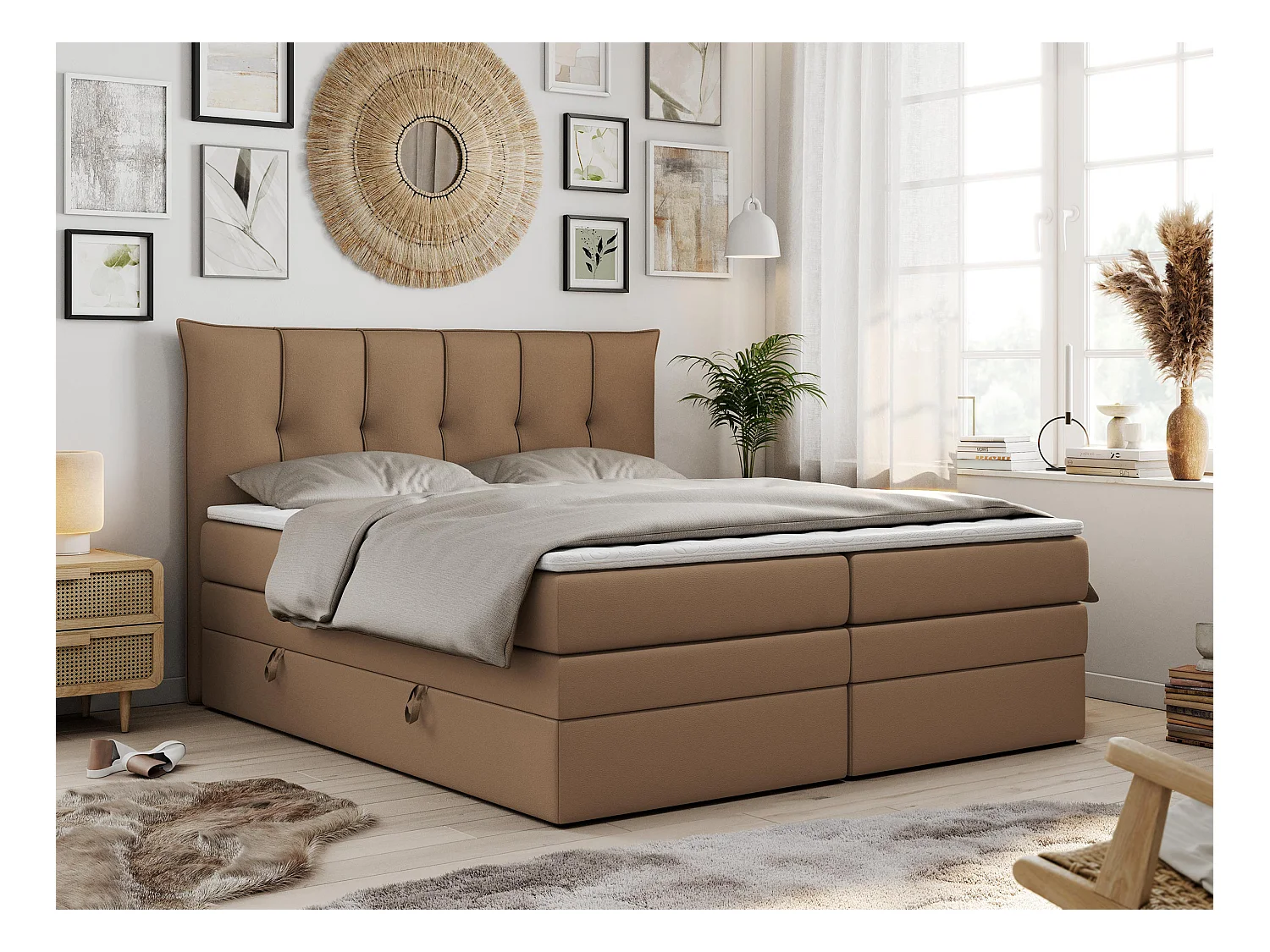 Boxspringbett PREMIUM 10 KING, Doppelbett mit Stauraum, gesteppte Kopfstütze, Multipocket-Matratze - 120x200 cm - H4 - Braun Kunstleder