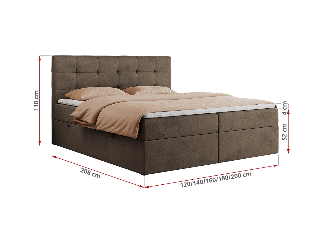 Boxspringbett CENTOS mit gestepptem Kopfteil, Multipocket-Matratze, Doppelbett mit Stauraum - 140x200 cm - H4 - Braun Velvet
