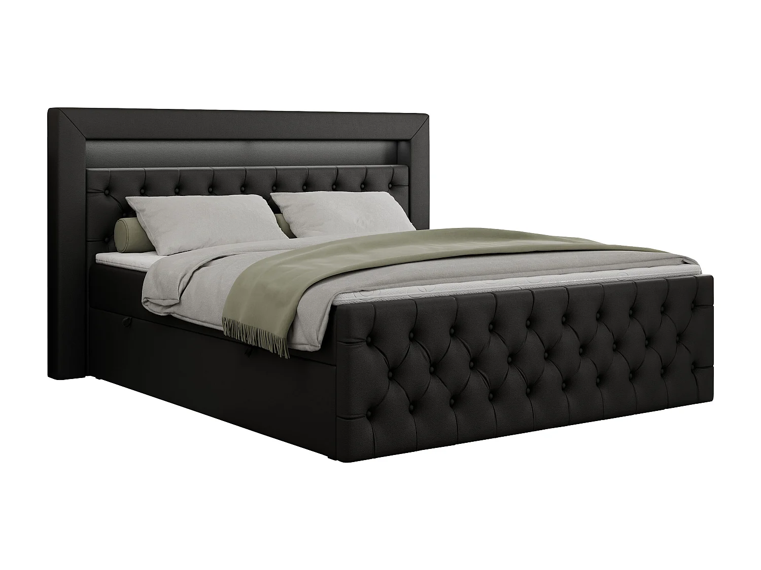 Boxspringbett GOLD 9 mit Stauraum, Multipocket-Matratze, gestepptes Bett, LED Beleuchtung - 200x200 cm - H3 - Schwarz Kunstleder