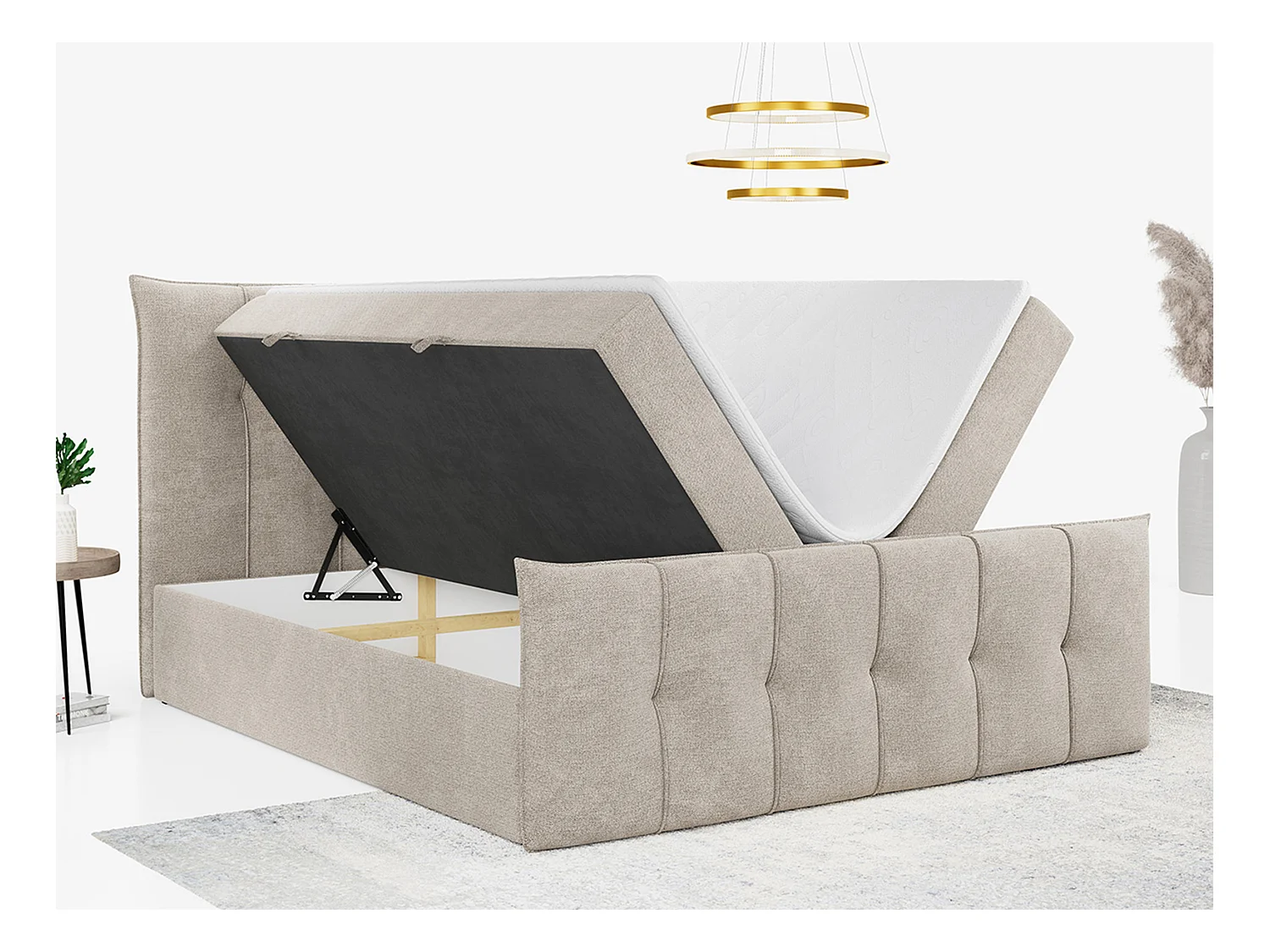 Boxspringbett PREMIUM 11 mit Stauraum, gestepptem Kopfteil, Multipocket-Matratze und Topper - 140x200 cm - H3 - Beige Strukture