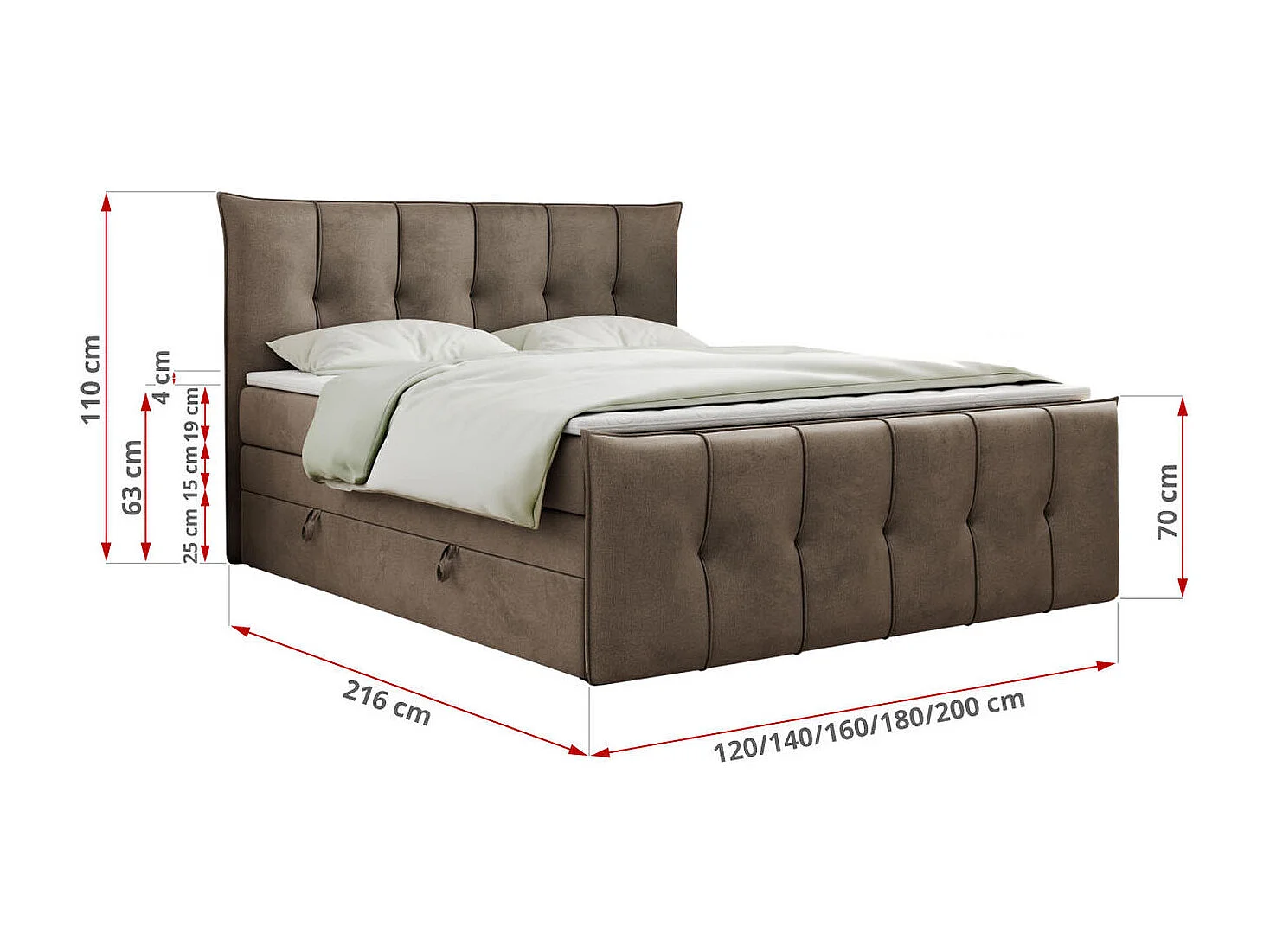 Boxspringbett PREMIUM 11 KING mit Stauraum, gestepptes Kopfteil, zwei Multipocket-Matratzen - 200x200 cm - H3 - Braun Velvet