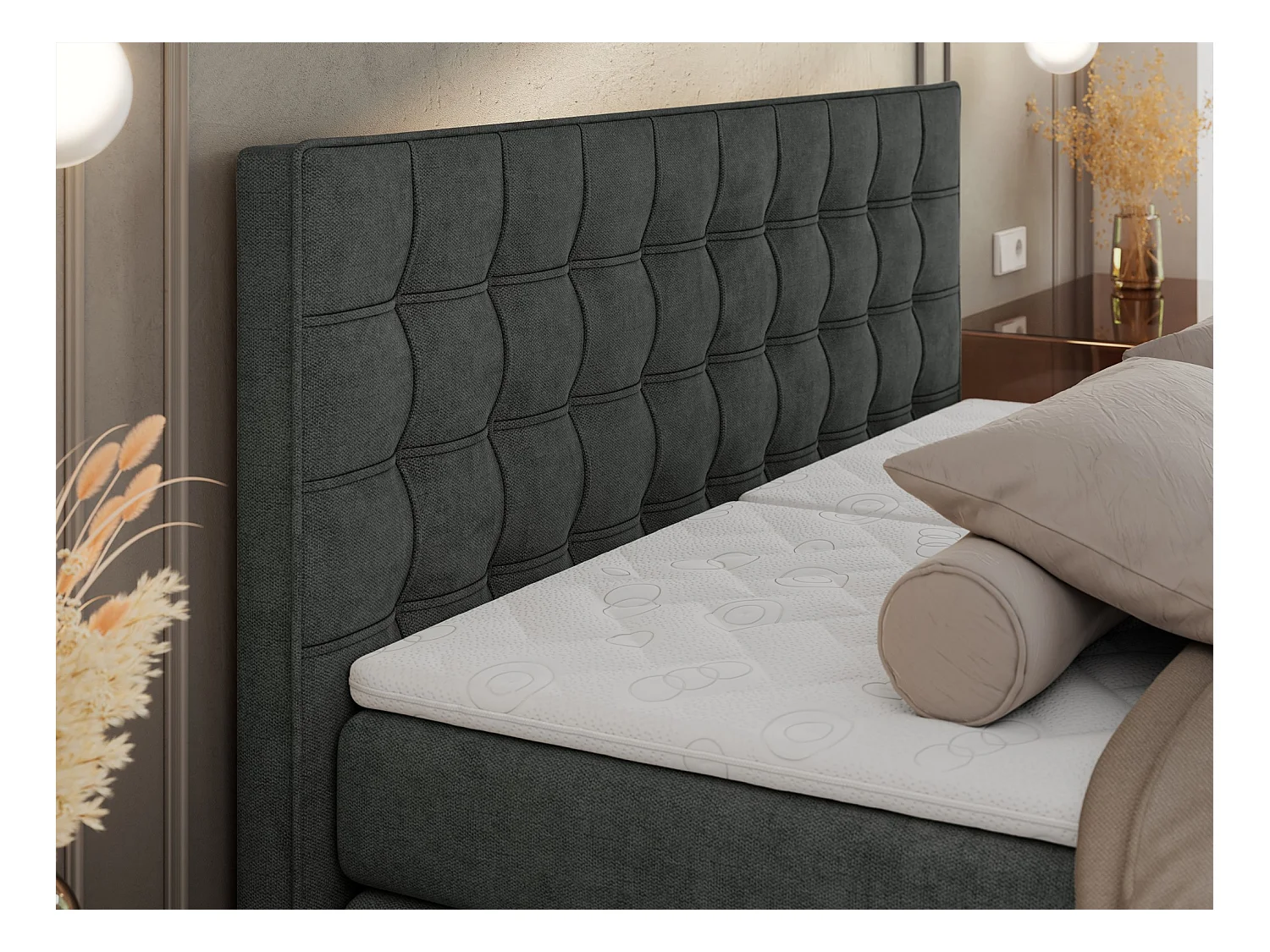 Boxspringbett ELEKTRO mit Multipocket-Matratze, Elektrisch verstellbare, genähtes Kopfteil - 180x200 cm - H3 - Dunkelgrau Strukture