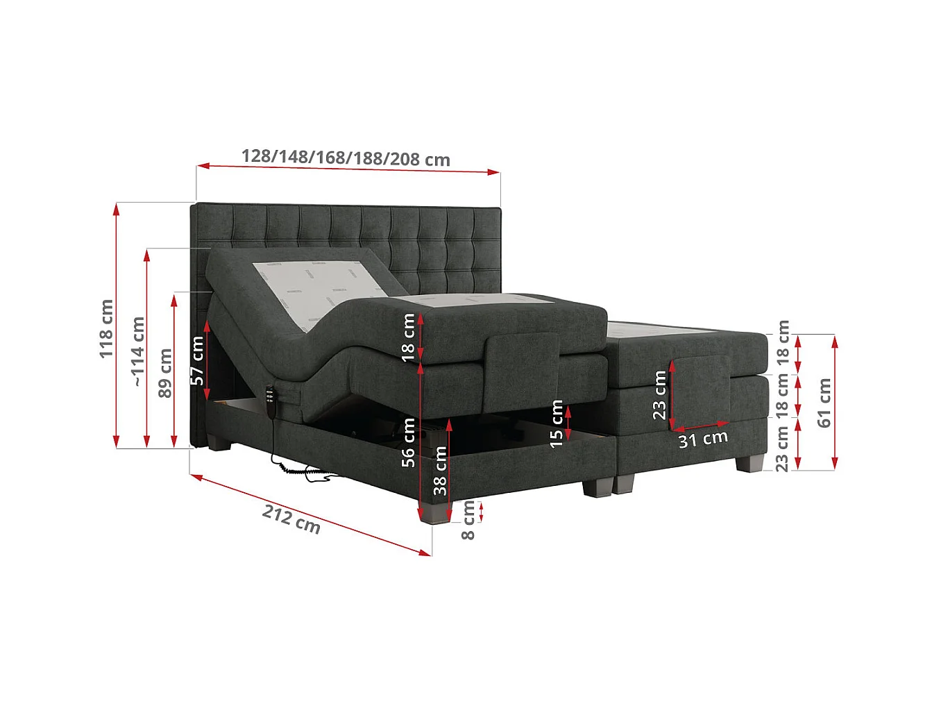 Boxspringbett ELEKTRO mit Multipocket-Matratze, Elektrisch verstellbare, genähtes Kopfteil - 180x200 cm - H3 - Dunkelgrau Strukture