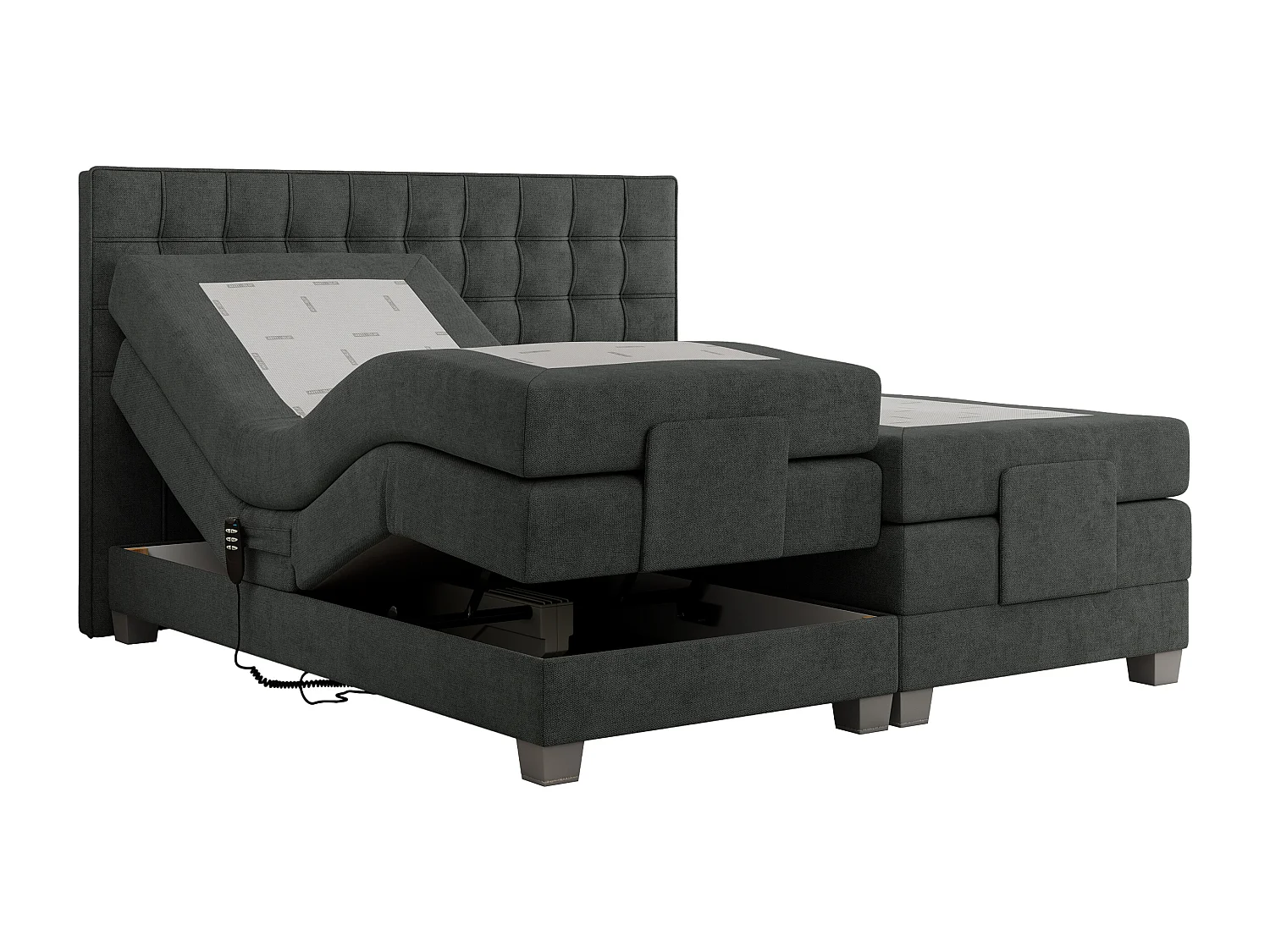 Boxspringbett ELEKTRO mit Multipocket-Matratze, Elektrisch verstellbare, genähtes Kopfteil - 180x200 cm - H3 - Dunkelgrau Strukture