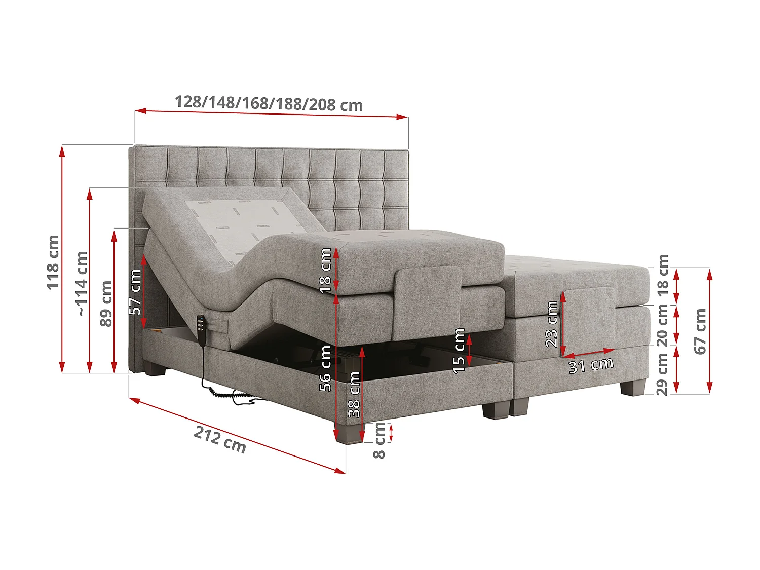 Boxspringbett ELEKTRO mit Multipocket-Matratze, Elektrisch verstellbare, genähtes Kopfteil - 180x200 cm - H3 - Dunkelgrau Strukture