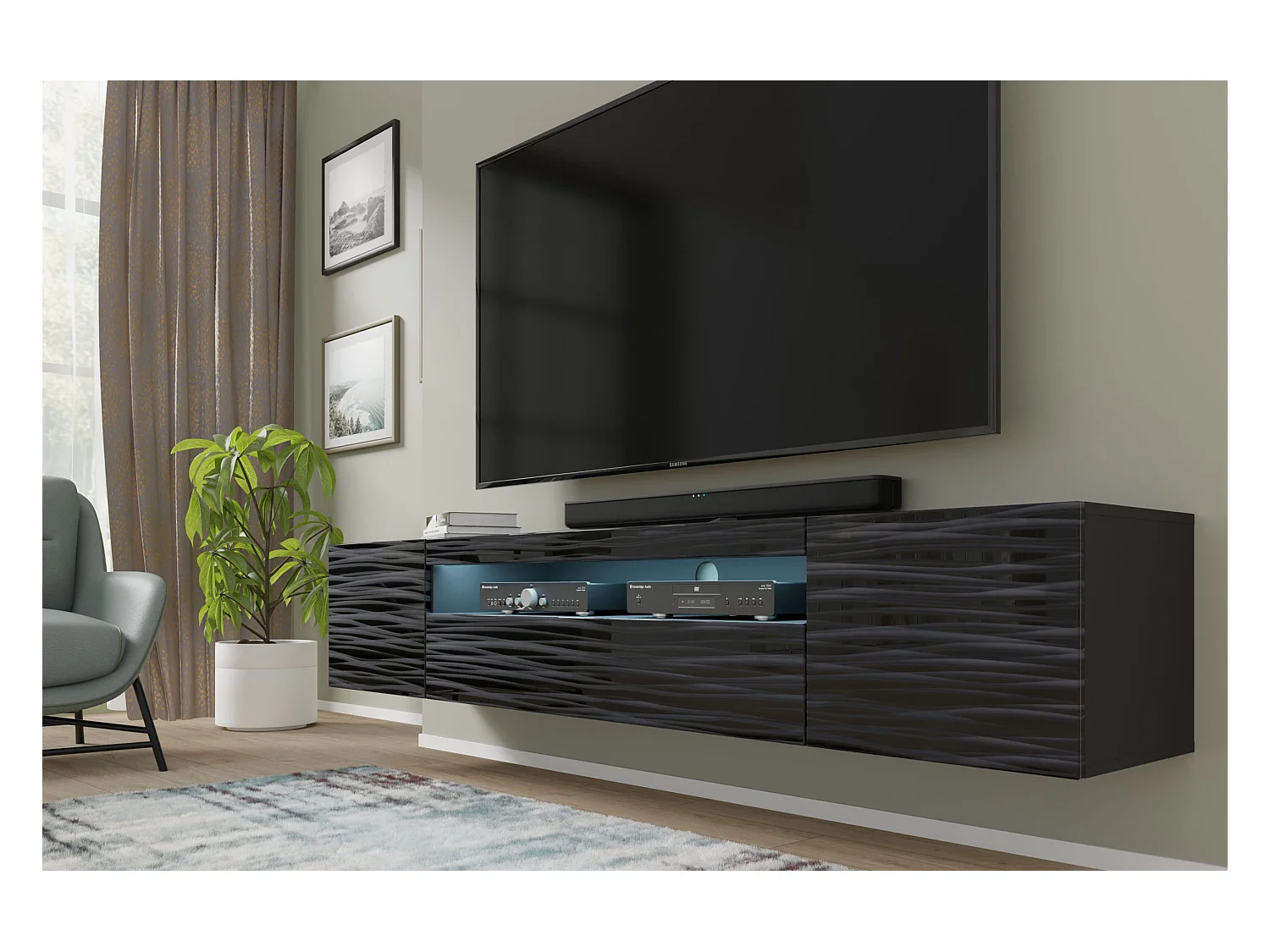 Meuble TV AURA 200 cm suspendu ou debout noir satiné frezé + LED