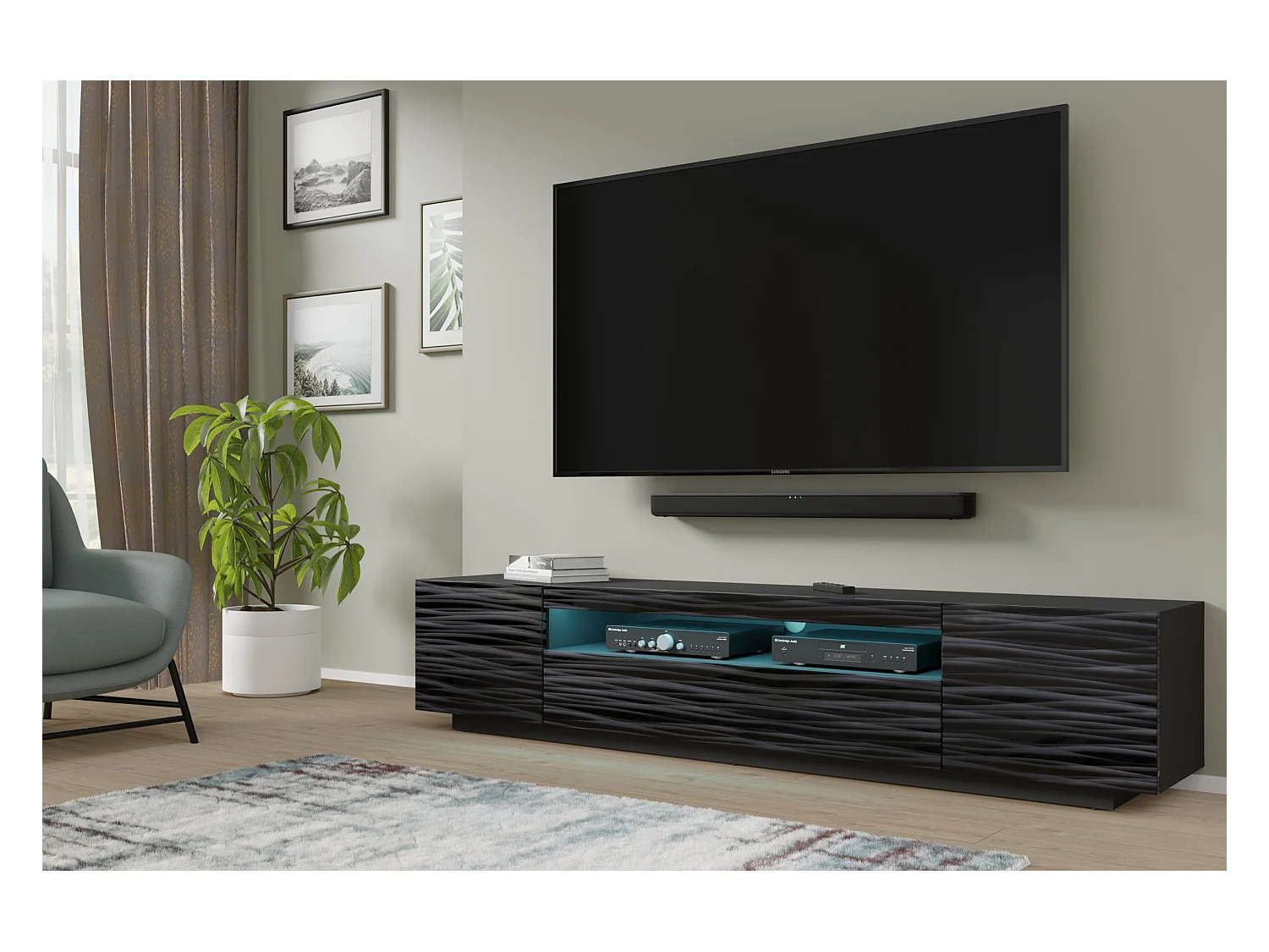 Meuble TV AURA 200 cm suspendu ou debout noir satiné frezé + LED