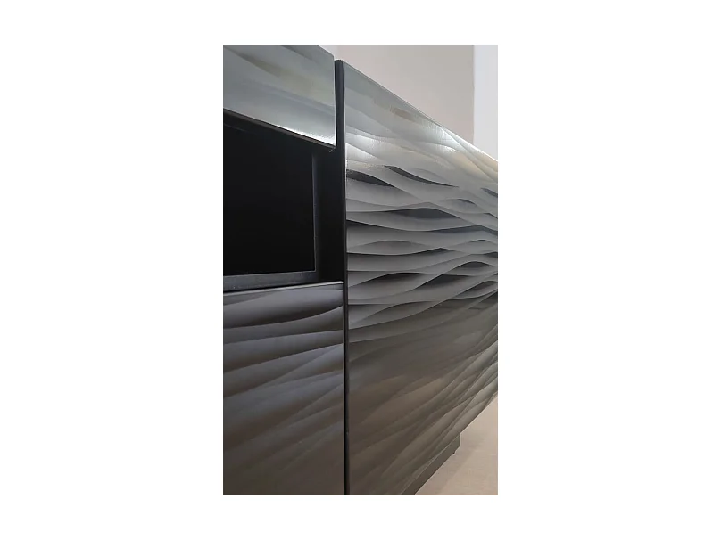 Meuble TV AURA 200 cm suspendu ou debout noir satiné frezé + LED