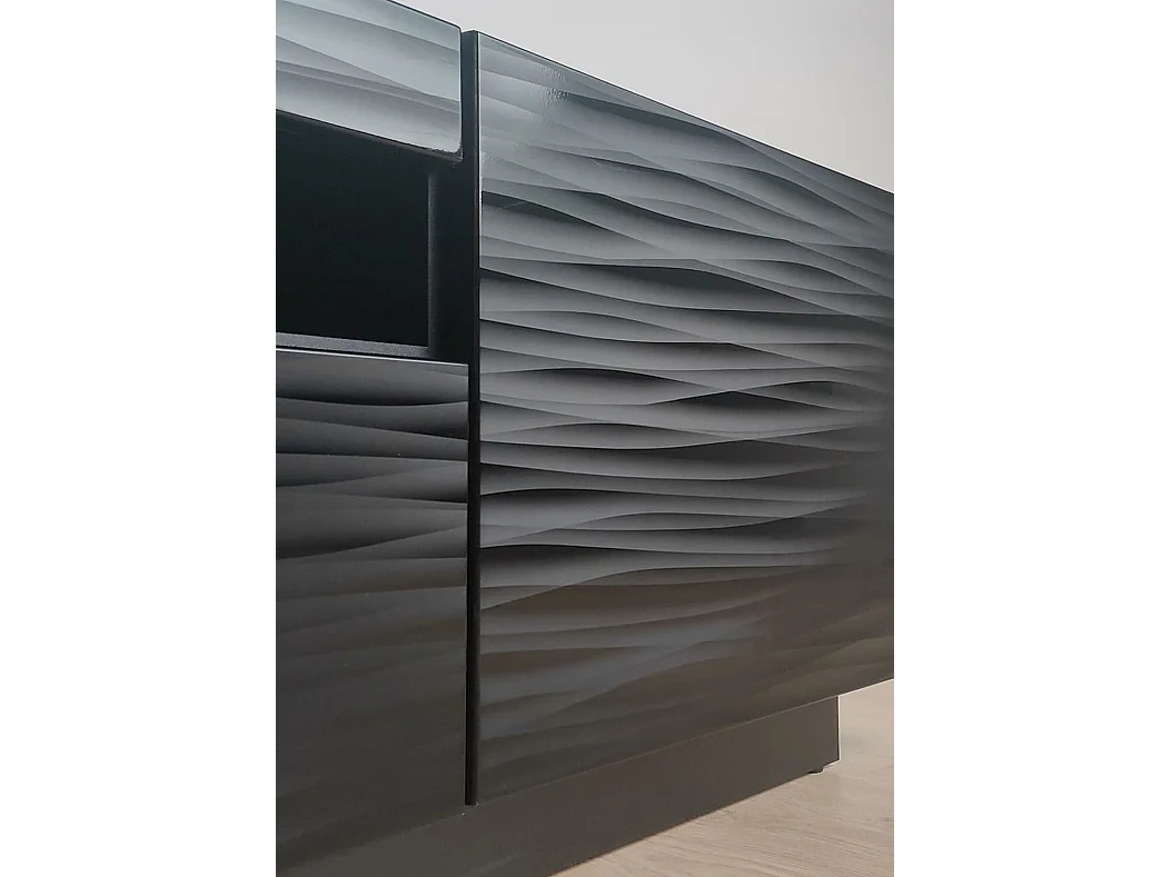 Mueble TV AURA 200 cm suspendido o de pie 3D negro satinado frezé + LED