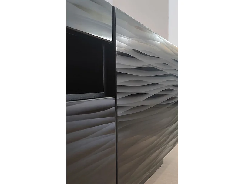 Mueble TV AURA 200 cm suspendido o de pie 3D negro satinado frezé + LED