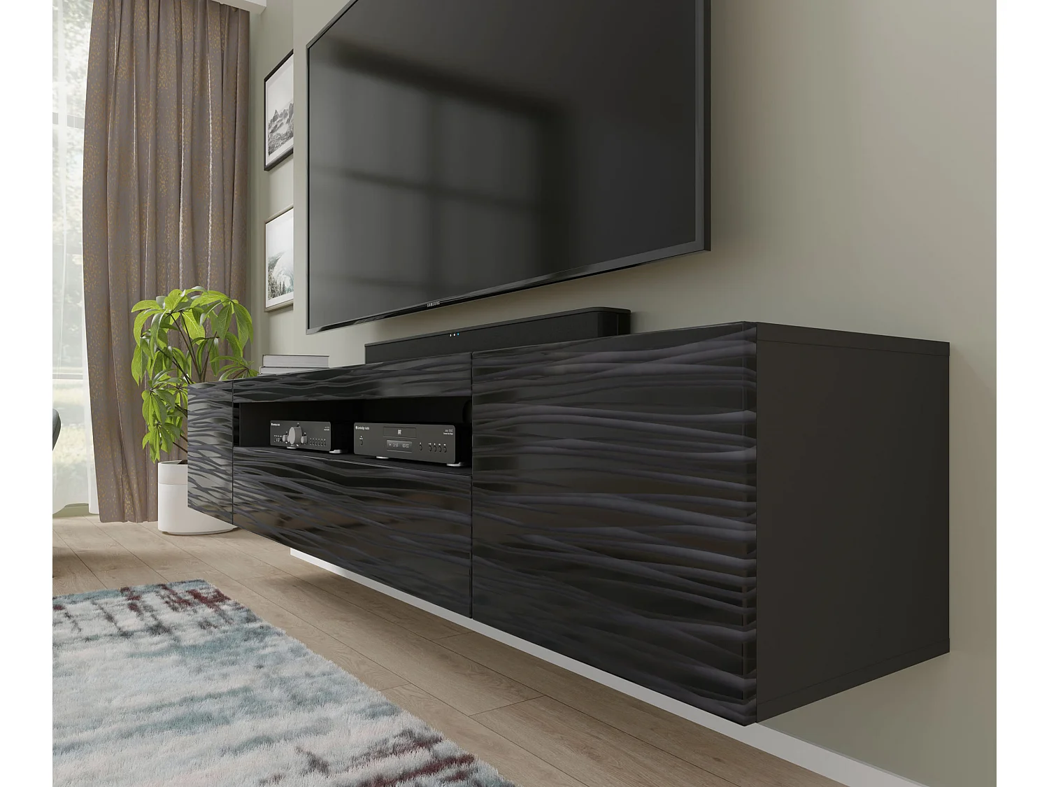 Mueble TV AURA 200 cm suspendido o de pie 3D negro satinado frezé + LED