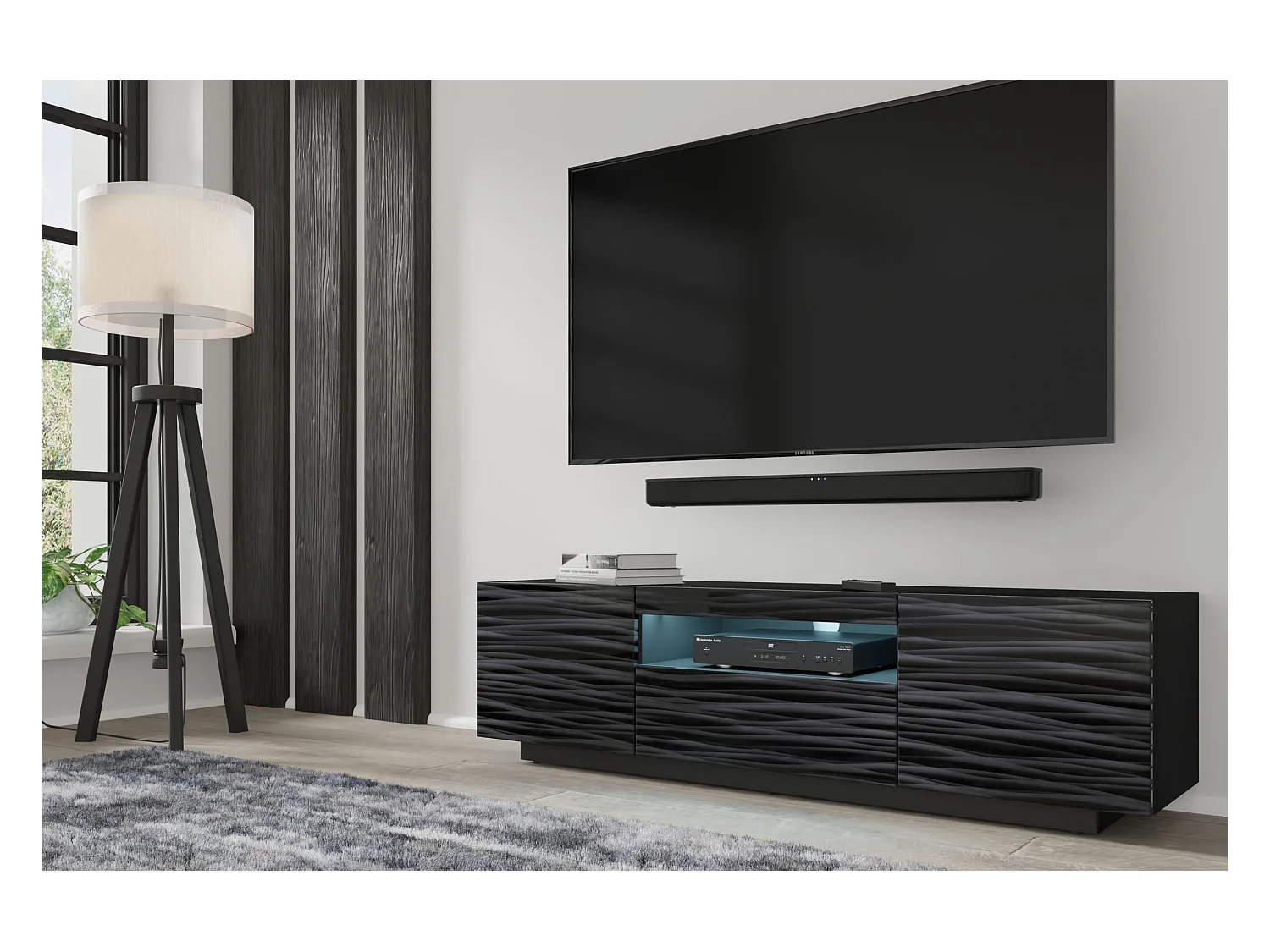 Meuble TV AURA 150 cm noir satiné frezé + LED