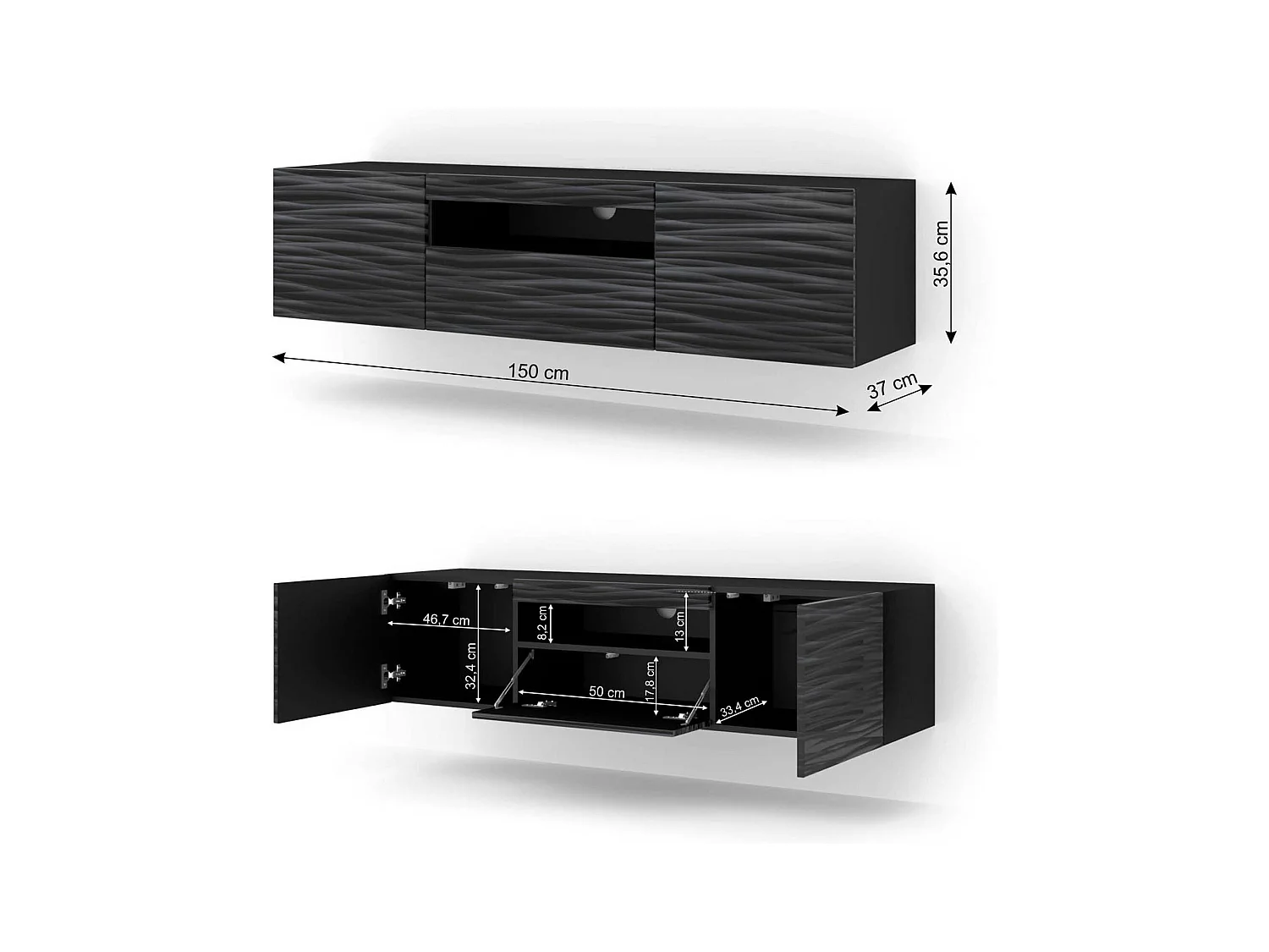 Meuble TV AURA 150 cm noir satiné frezé + LED