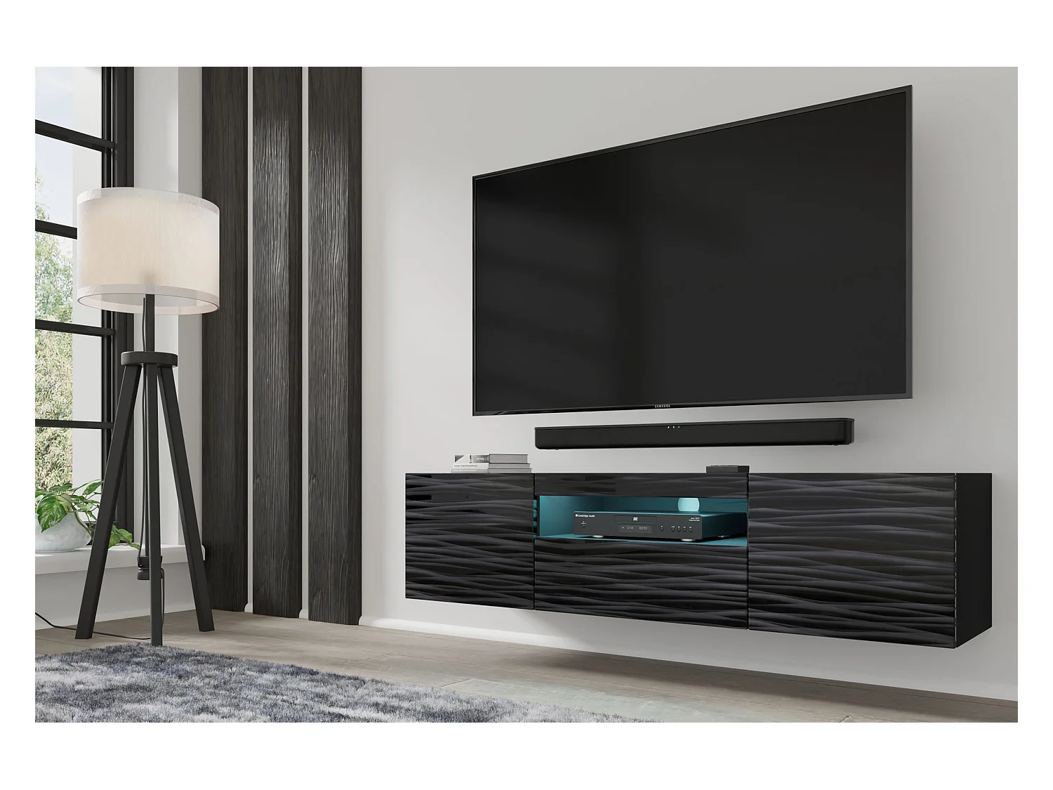 TV-kast AURA 150 cm 3D zwart satijn gefreesd + LED