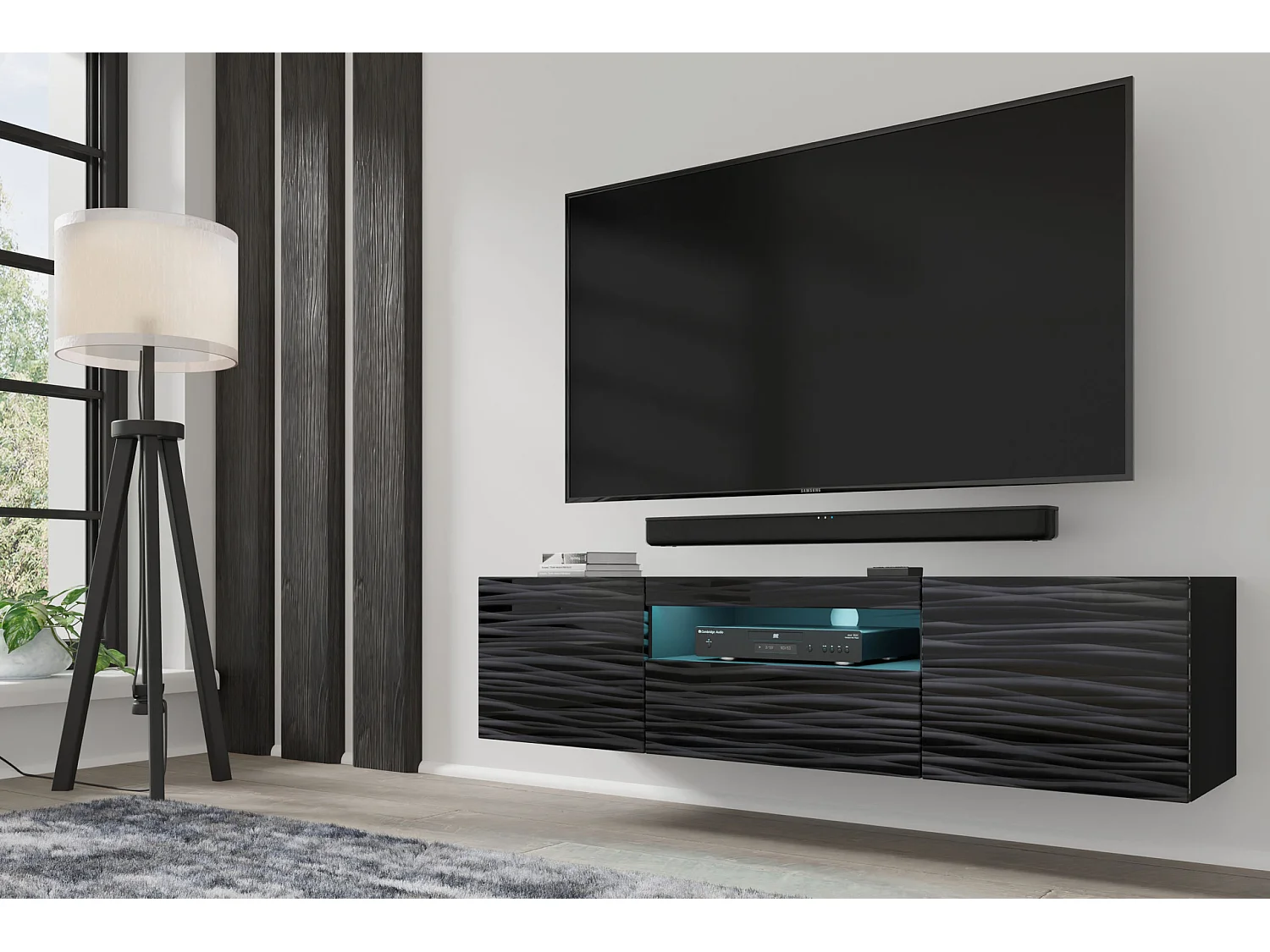 Mobile TV AURA 150 cm 3D nero satinato frezé + LED
