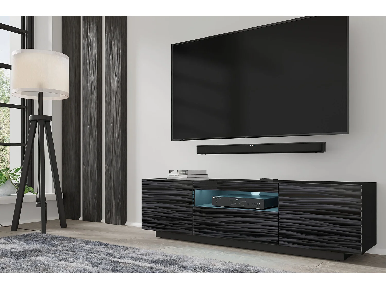 Mobile TV AURA 150 cm 3D nero satinato frezé + LED