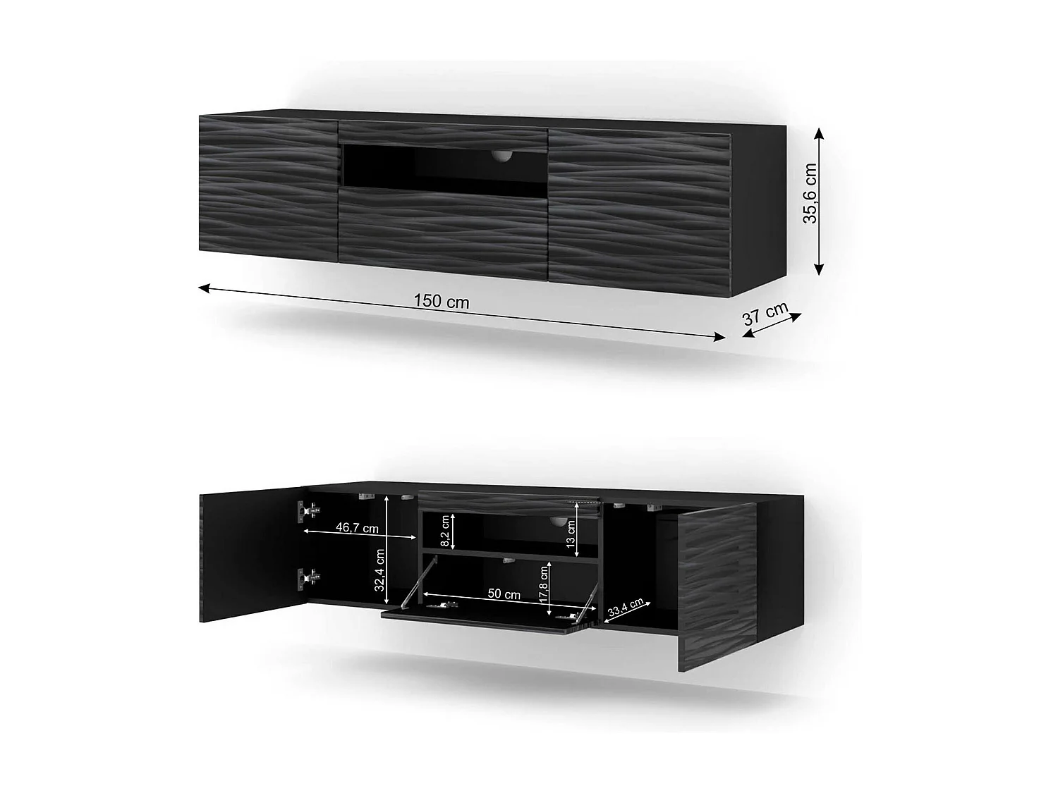 Mobile TV AURA 150 cm 3D nero satinato frezé + LED