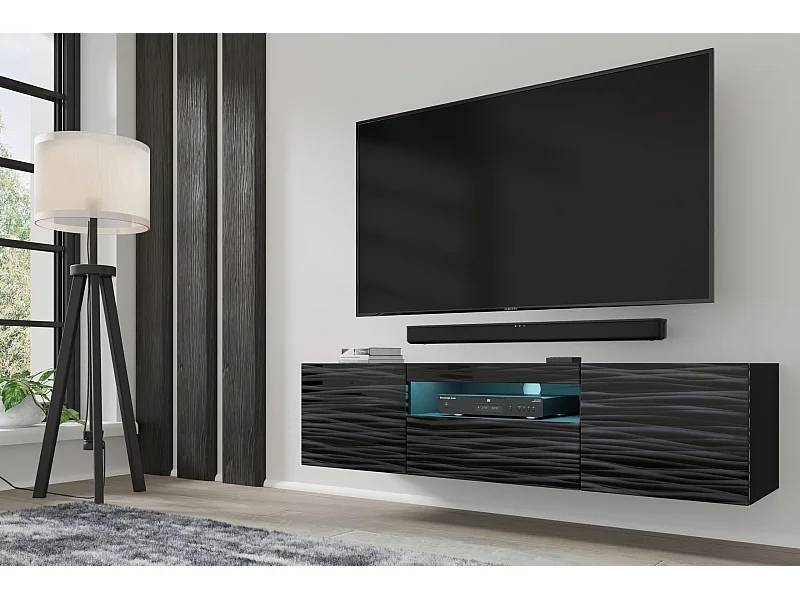 Mueble TV AURA 150 cm 3D negro satinado frezé + LED