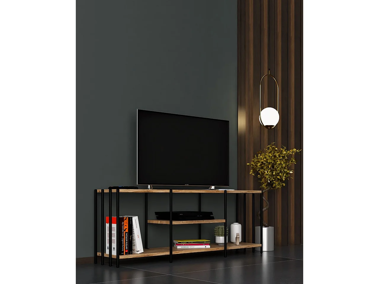 TV-Ständer – 124 cm x 46 cm x 26 cm – Schwarz – Metall und Spanplatte