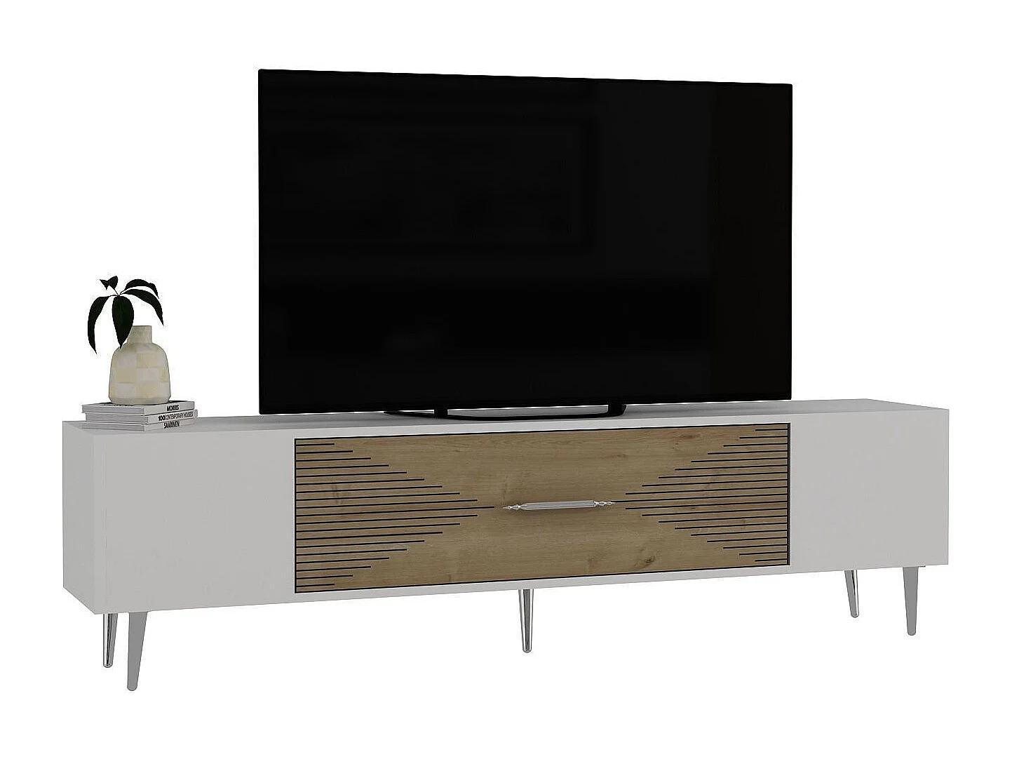 Meuble Tv design 1 porte basculante Steli L150cm Chêne clair, Blanc et Argent