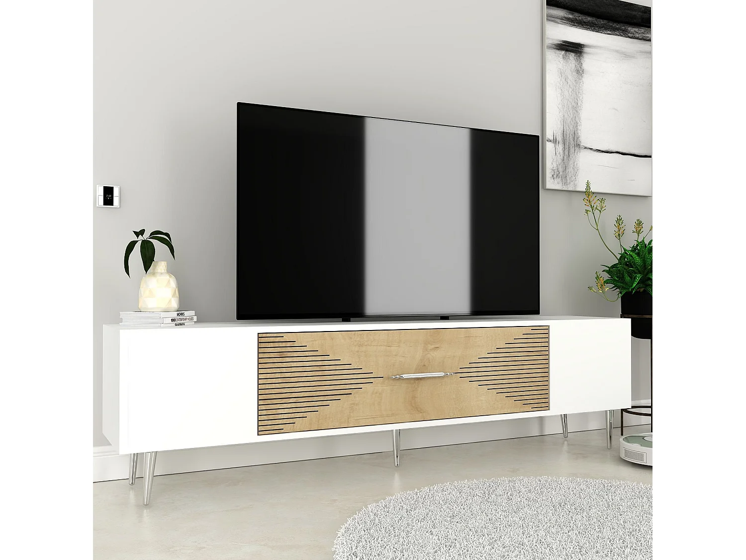 Meuble Tv design 1 porte basculante Steli L150cm Chêne clair, Blanc et Argent