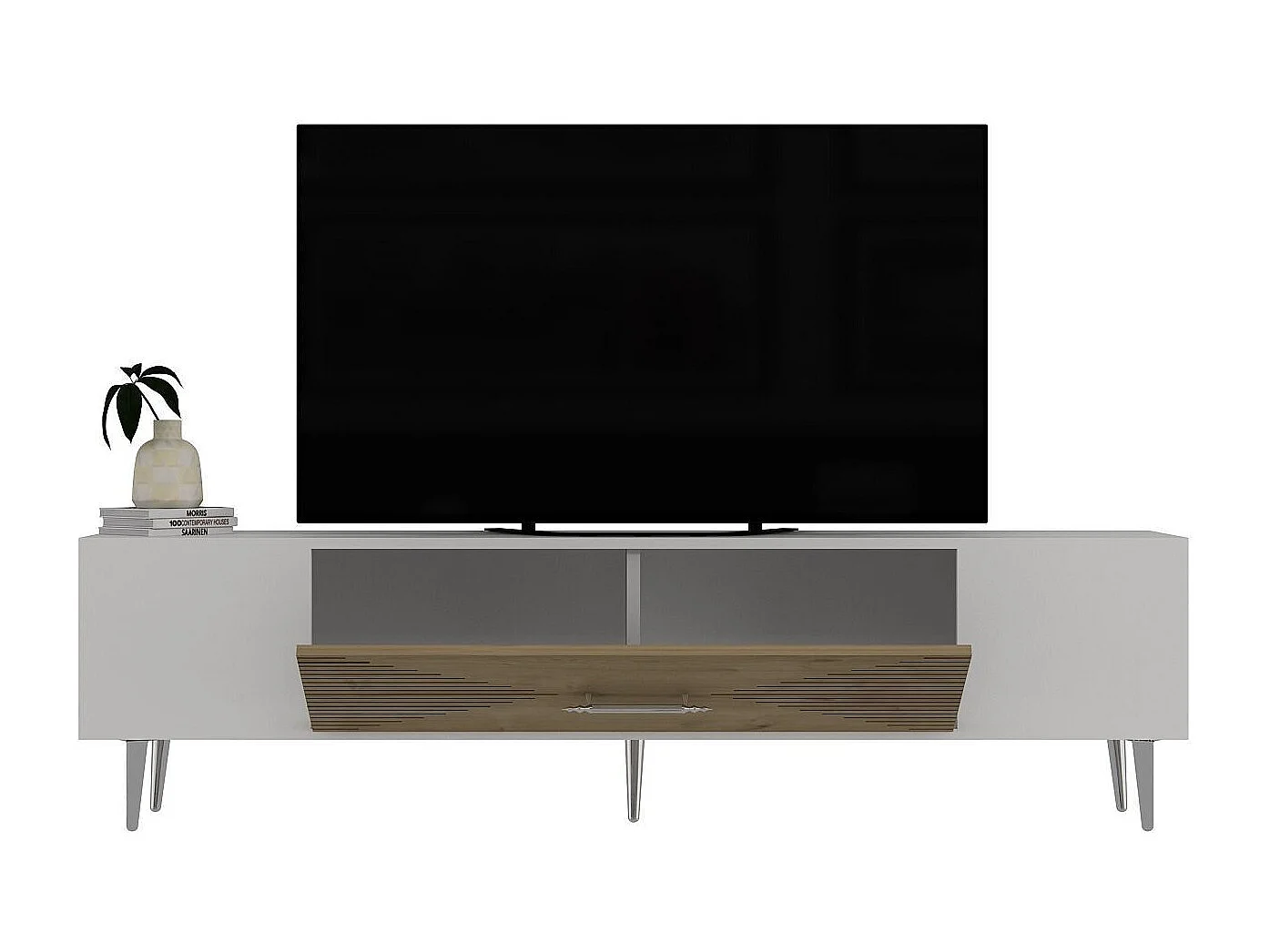 Meuble Tv design 1 porte basculante Steli L150cm Chêne clair, Blanc et Argent