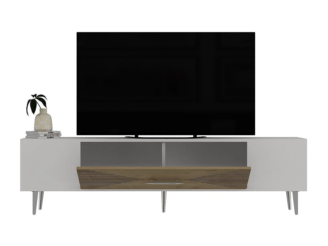 Meuble Tv design 1 porte basculante Steli L150cm Chêne clair, Blanc et Argent
