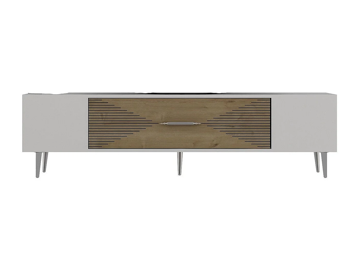 Meuble Tv design 1 porte basculante Steli L150cm Chêne clair, Blanc et Argent