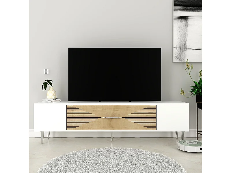 Mobile TV – 150 cm x 48,2 cm x 29,6 cm – Rovere zaffiro, bianco e argento – Pannello truciolare rivestito in melaminico