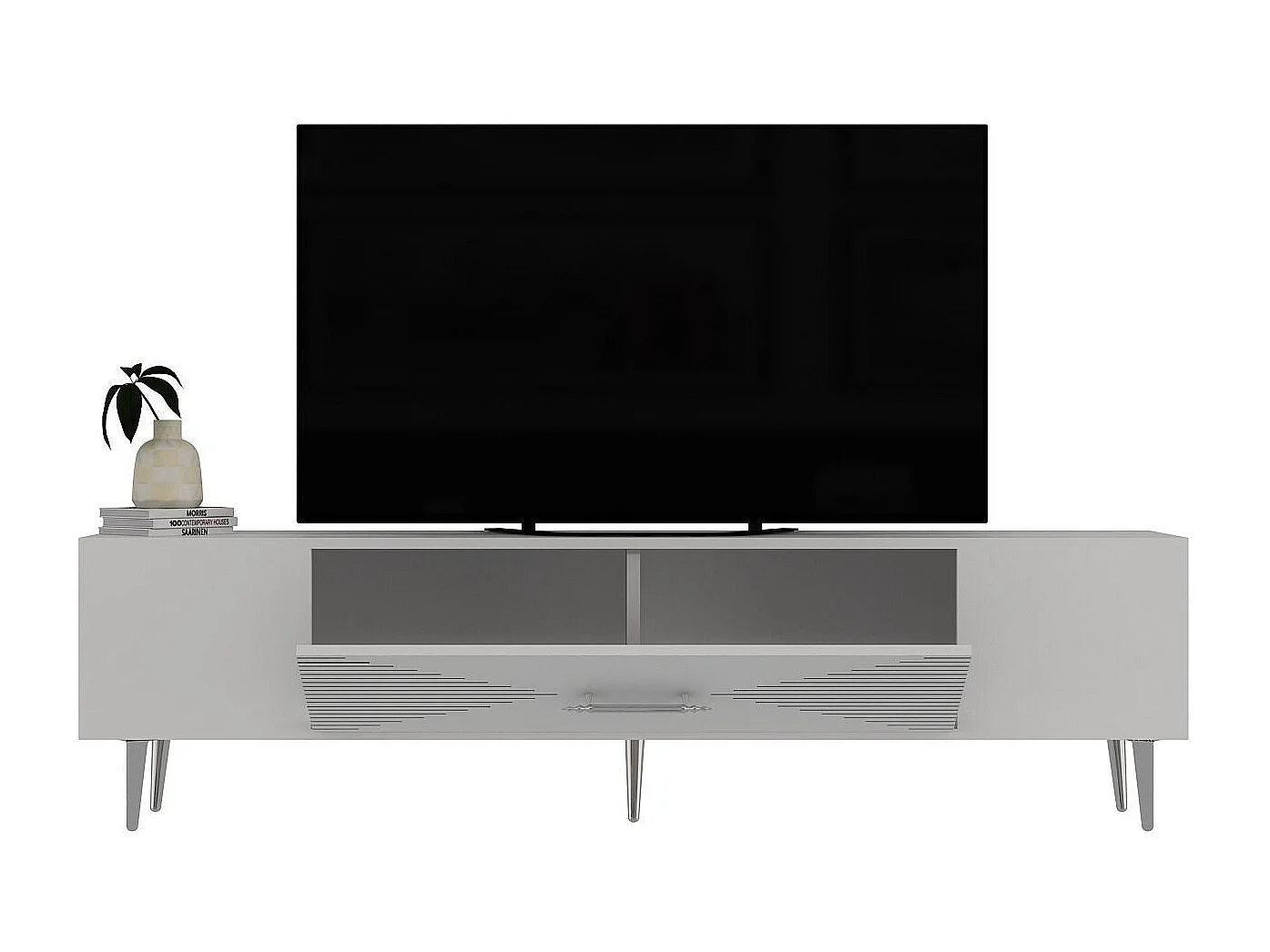 Meuble Tv design 1 porte basculante Steli L150cm Blanc et Argent