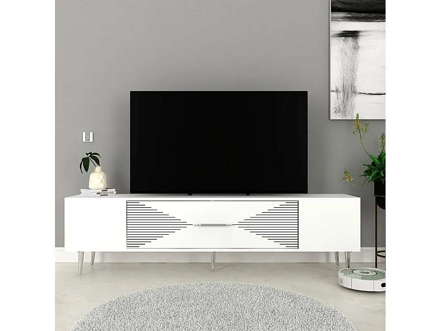 Meuble Tv design 1 porte basculante Steli L150cm Blanc et Argent