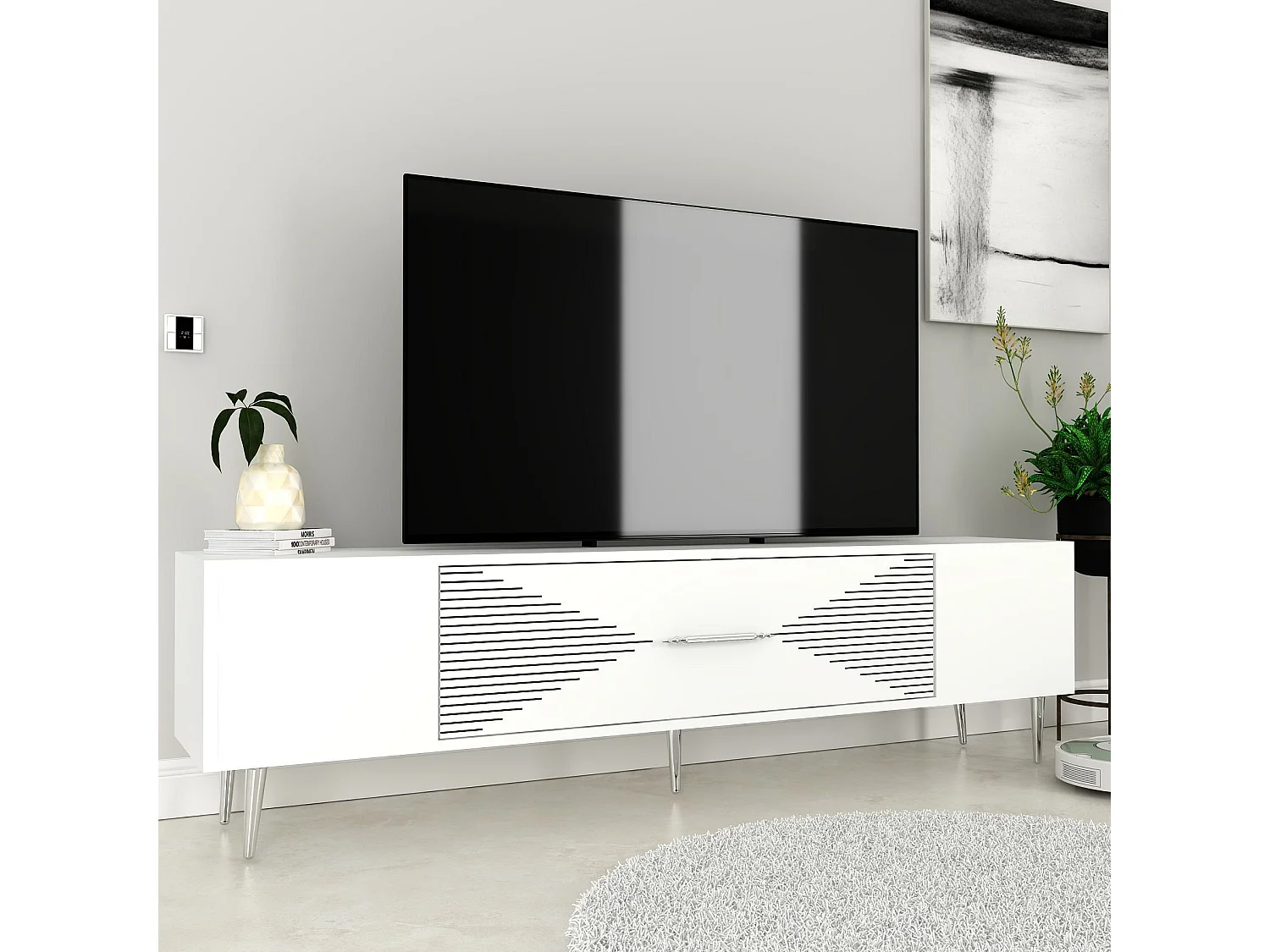 Meuble Tv design 1 porte basculante Steli L150cm Blanc et Argent