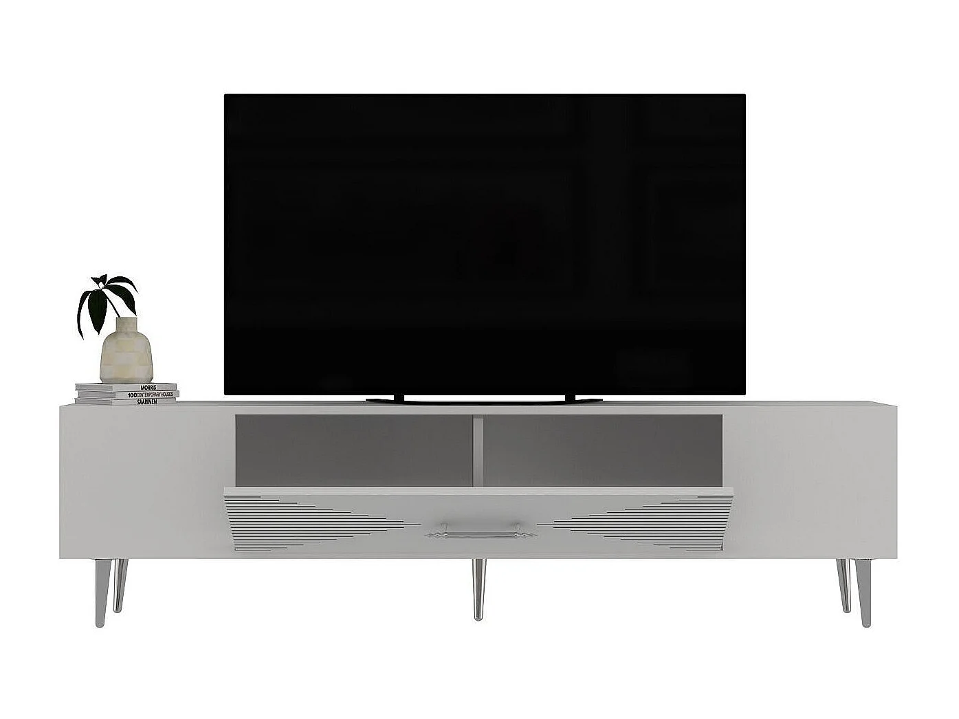 Meuble Tv design 1 porte basculante Steli L150cm Blanc et Argent