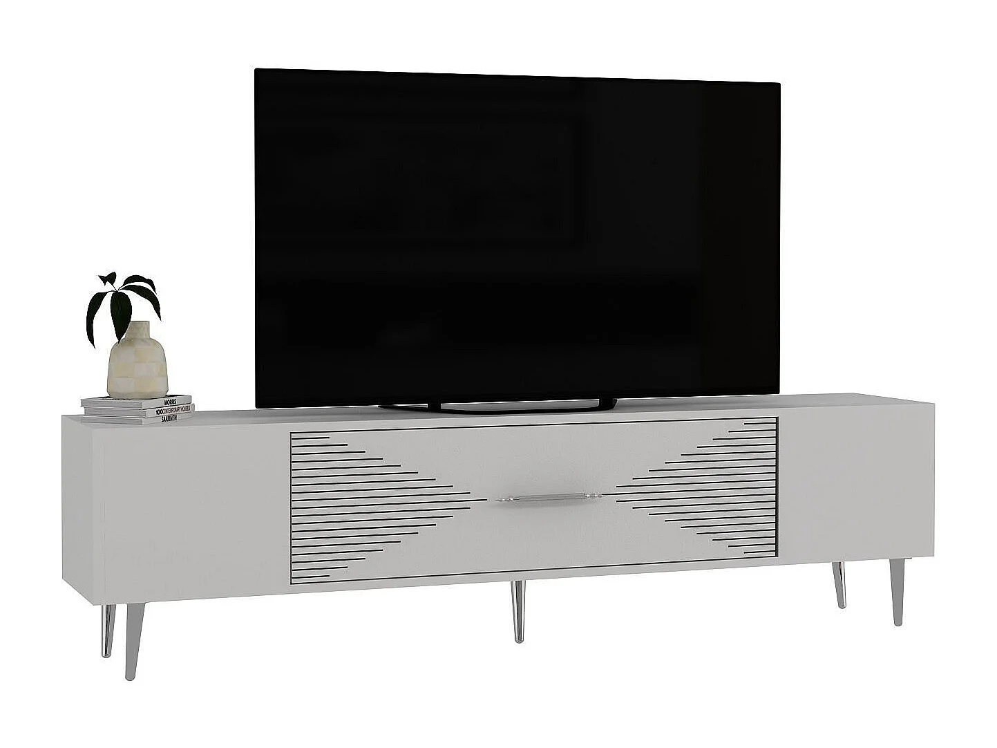 Meuble Tv design 1 porte basculante Steli L150cm Blanc et Argent