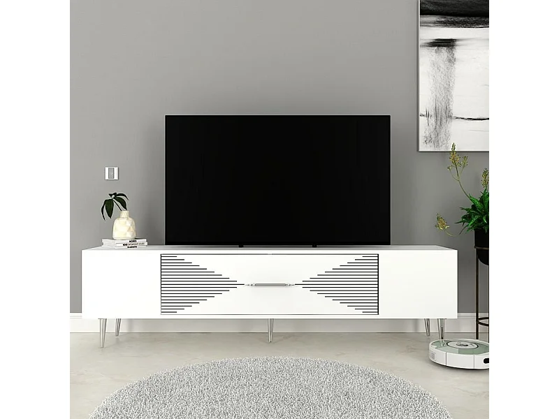 Stojak pod telewizor – 150 cm x 48,2 cm x 29,6 cm – Biały i srebrny – Płyta wiórowa pokryta melaminą