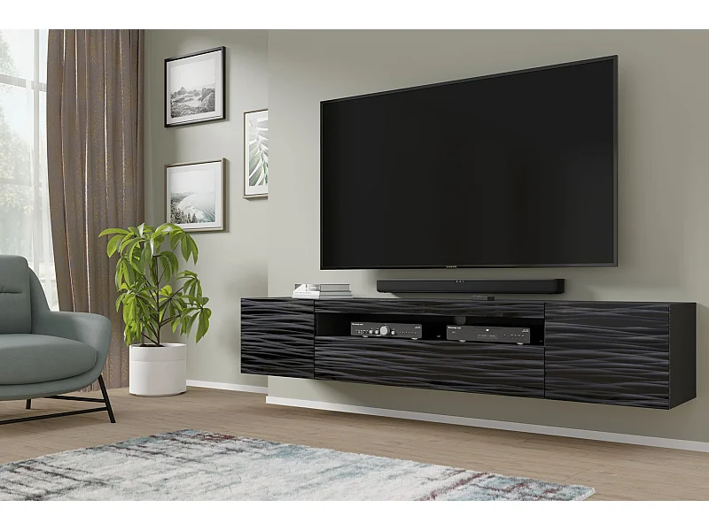 TV-Schrank AURA 200 cm hängend oder stehend 3D schwarz satiniert gefräst