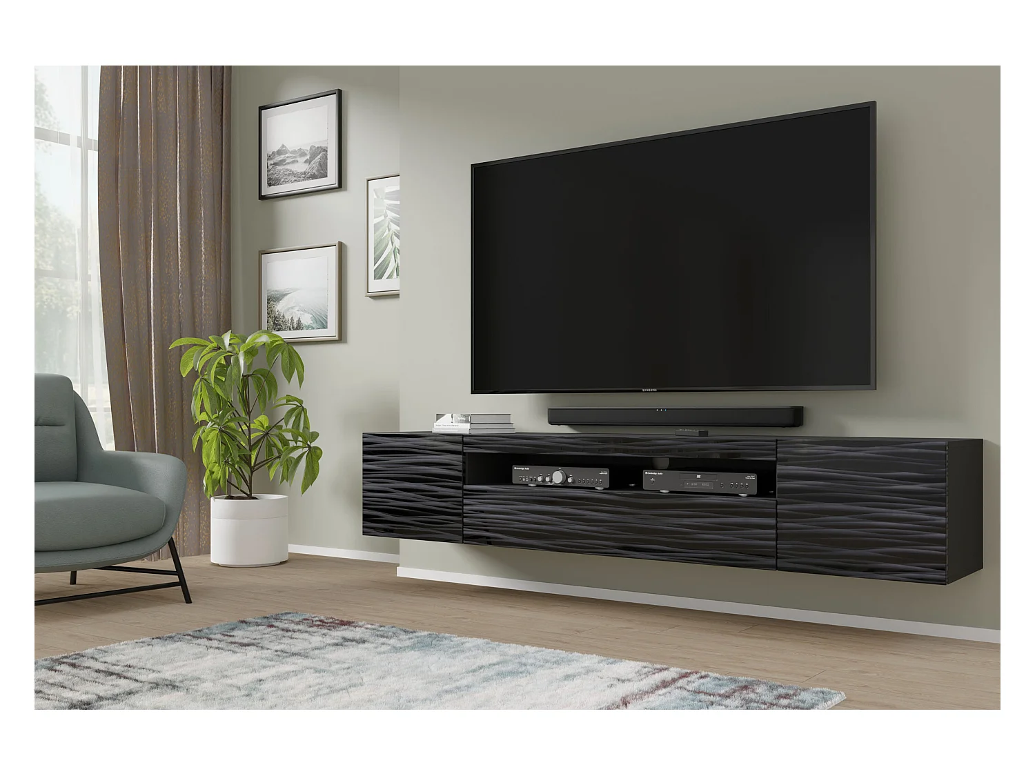 Meuble TV AURA 200 cm suspendu ou debout noir satiné frezé