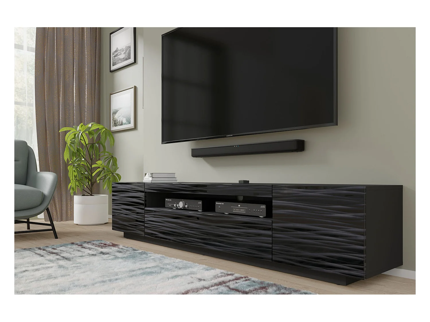 Meuble TV AURA 200 cm suspendu ou debout noir satiné frezé