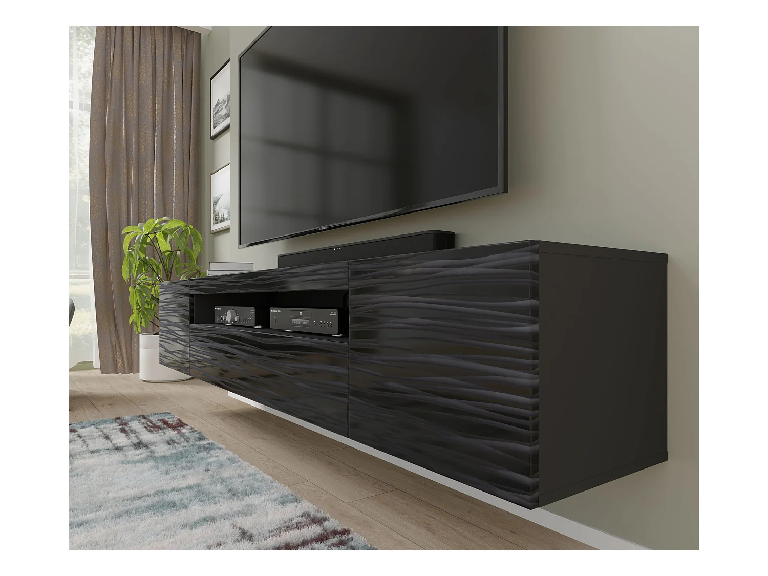 Meuble TV AURA 200 cm suspendu ou debout noir satiné frezé