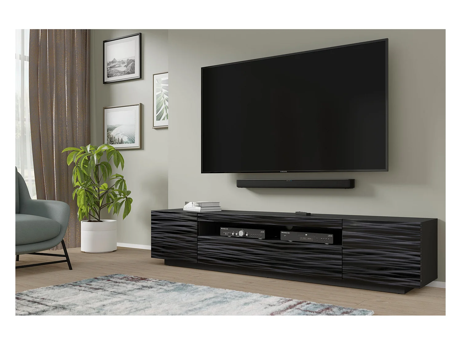 Meuble TV AURA 200 cm suspendu ou debout noir satiné frezé