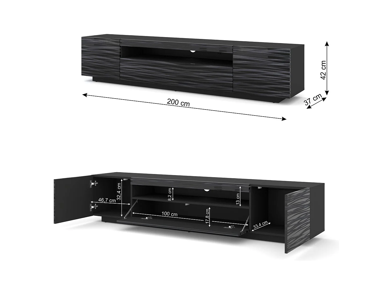 Meuble TV AURA 200 cm suspendu ou debout noir satiné frezé