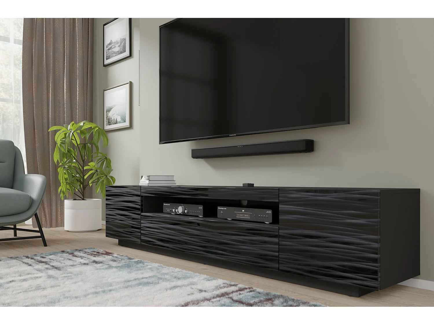 Mueble TV AURA 200 cm suspendido o de pie 3D negro satinado frezé