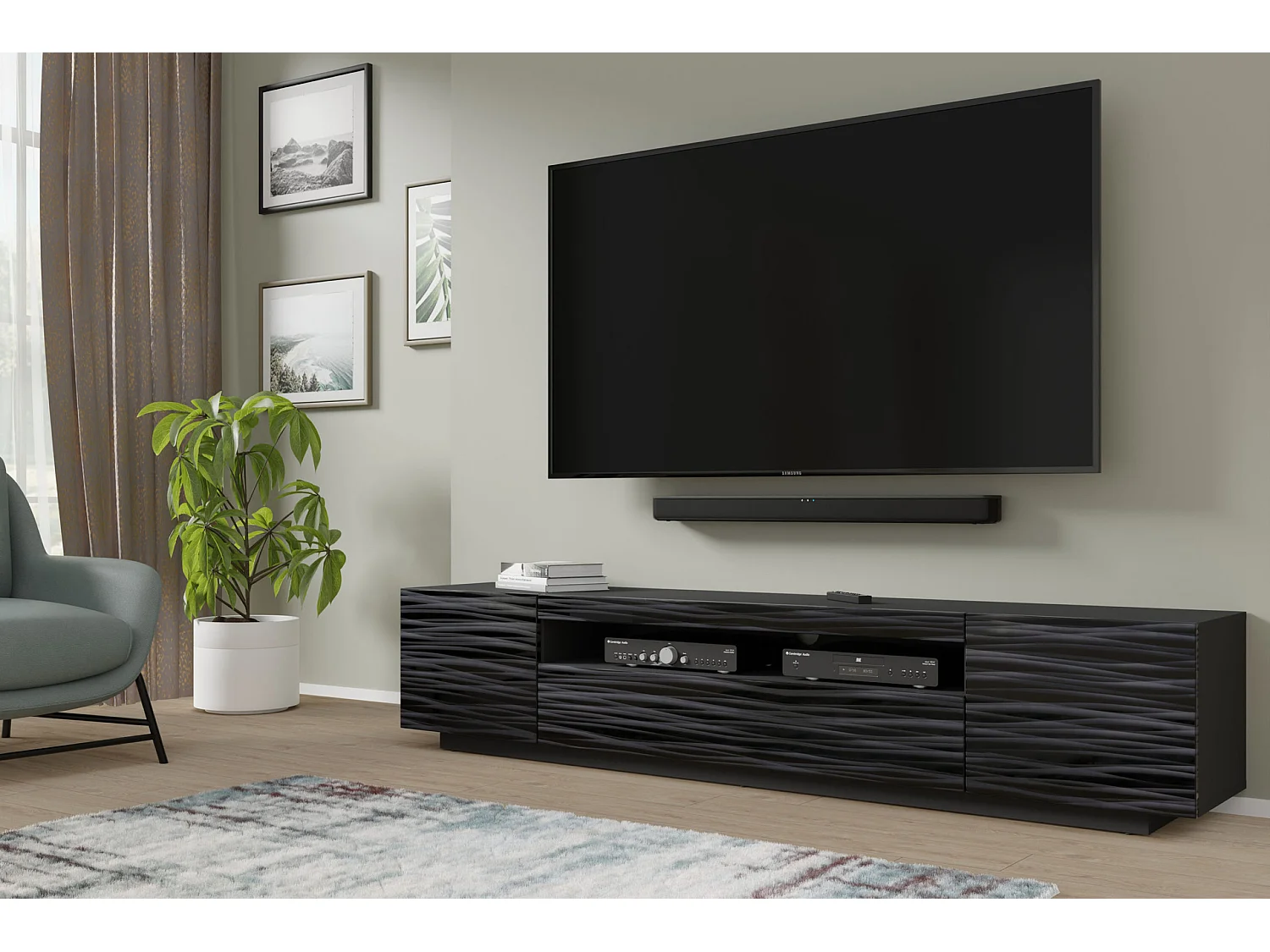 Mueble TV AURA 200 cm suspendido o de pie 3D negro satinado frezé