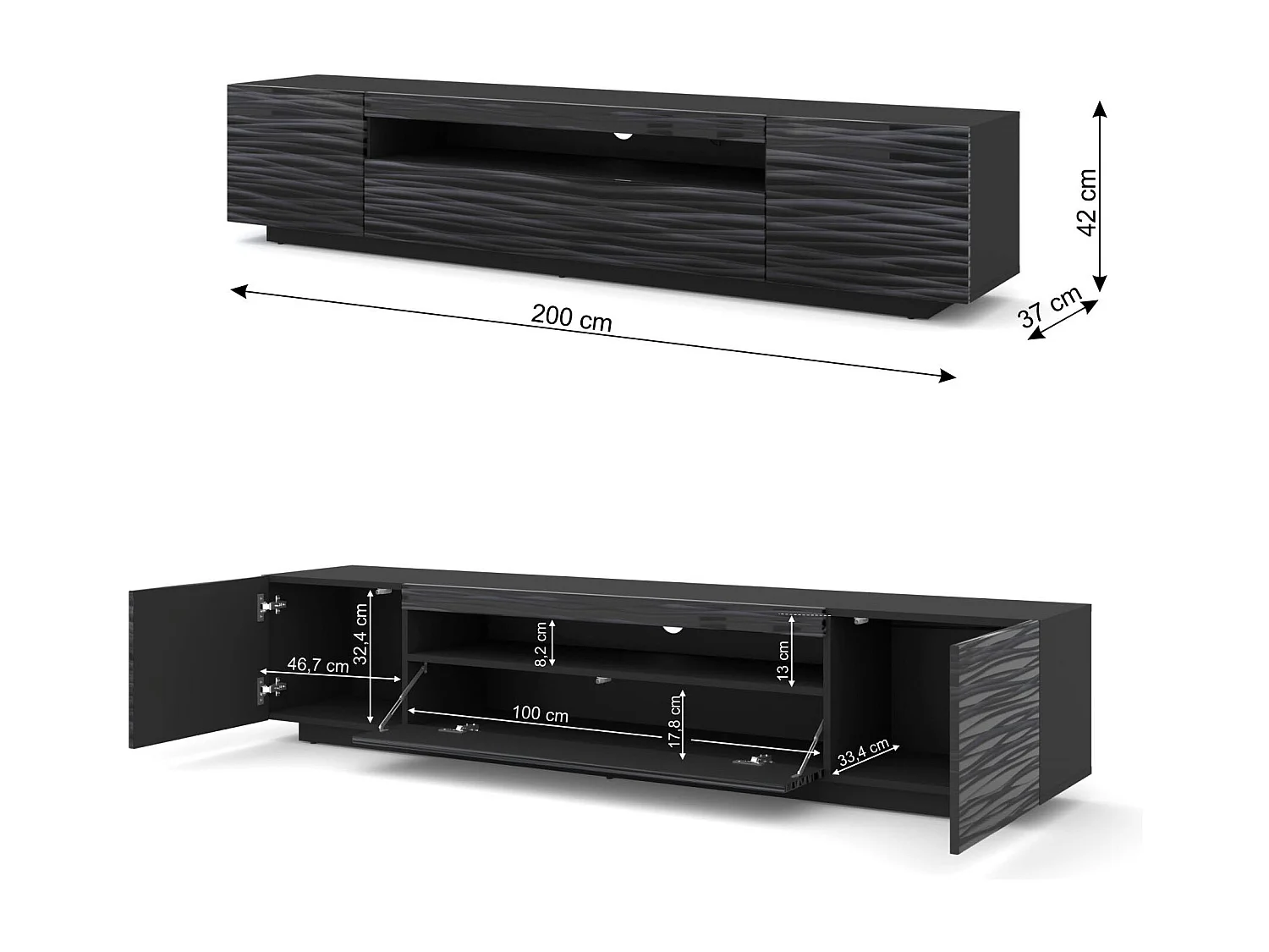 Mueble TV AURA 200 cm suspendido o de pie 3D negro satinado frezé