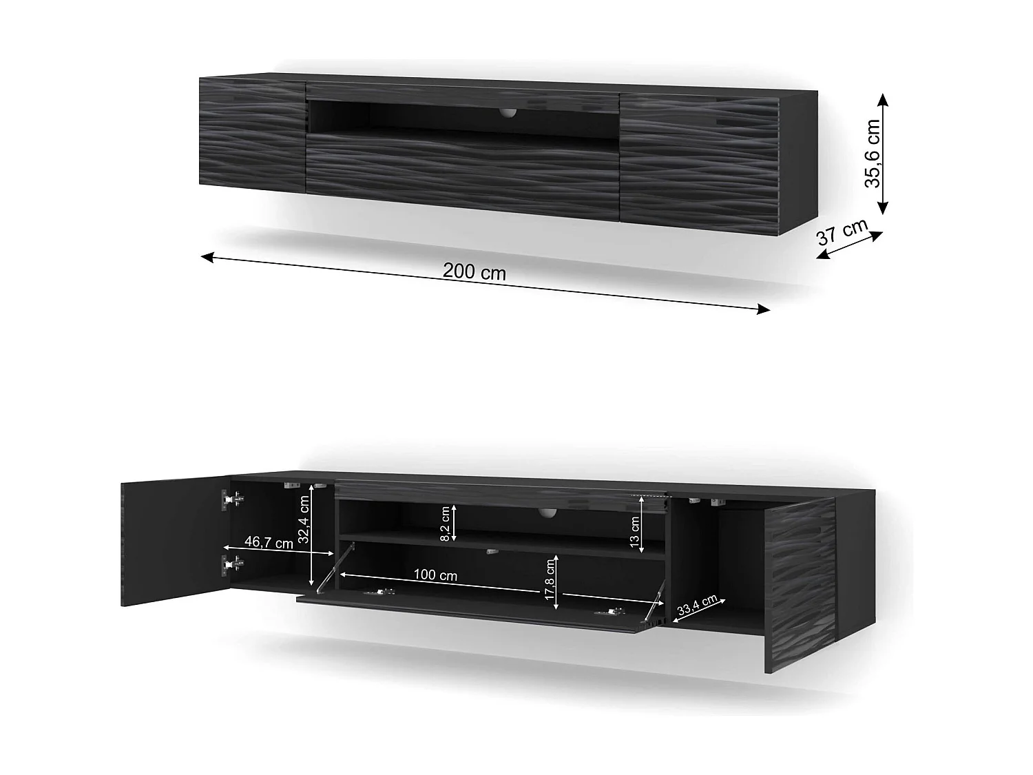 Mueble TV AURA 200 cm suspendido o de pie 3D negro satinado frezé