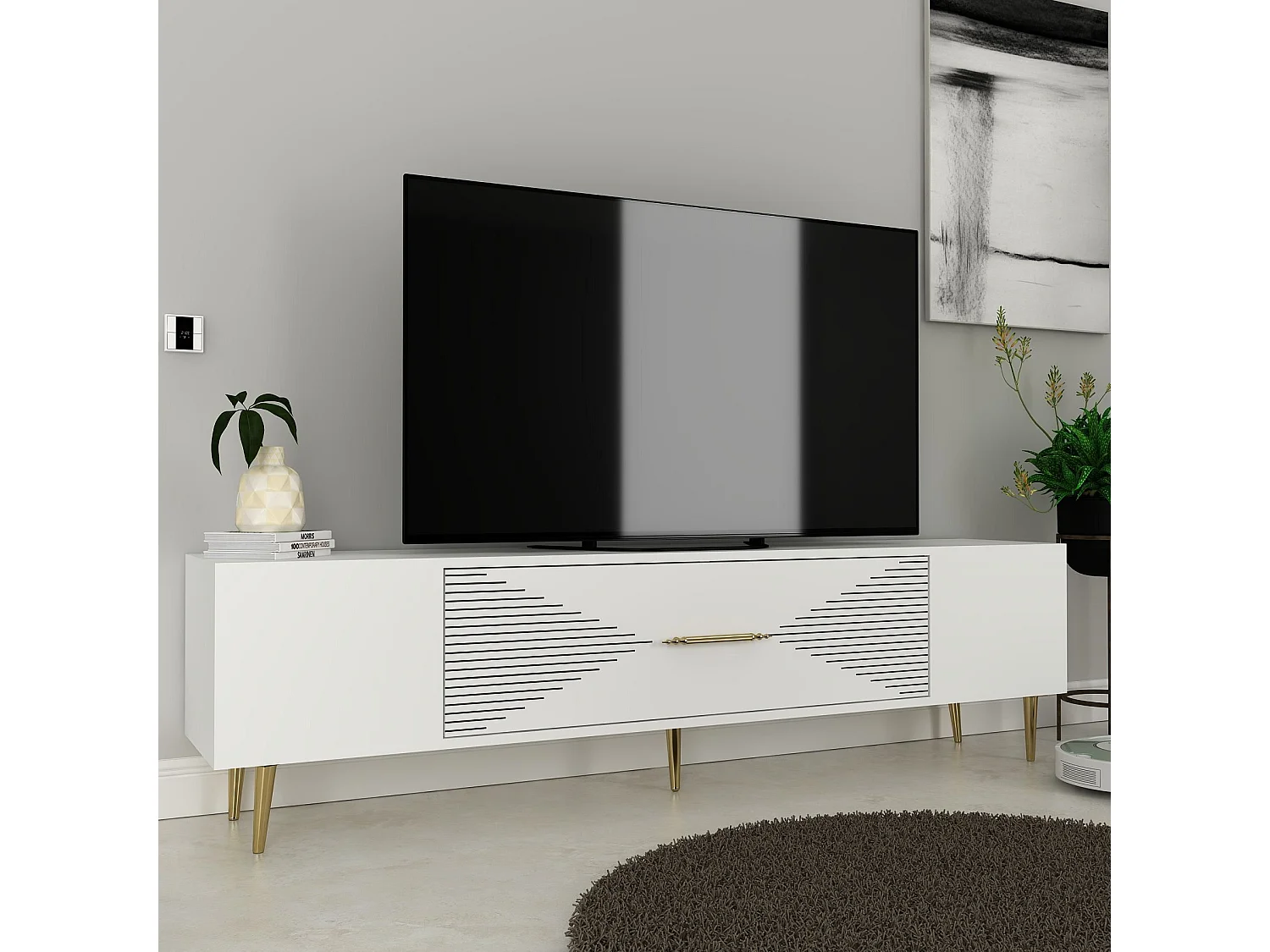 Meuble Tv design 1 porte basculante Steli L150cm Blanc et Or