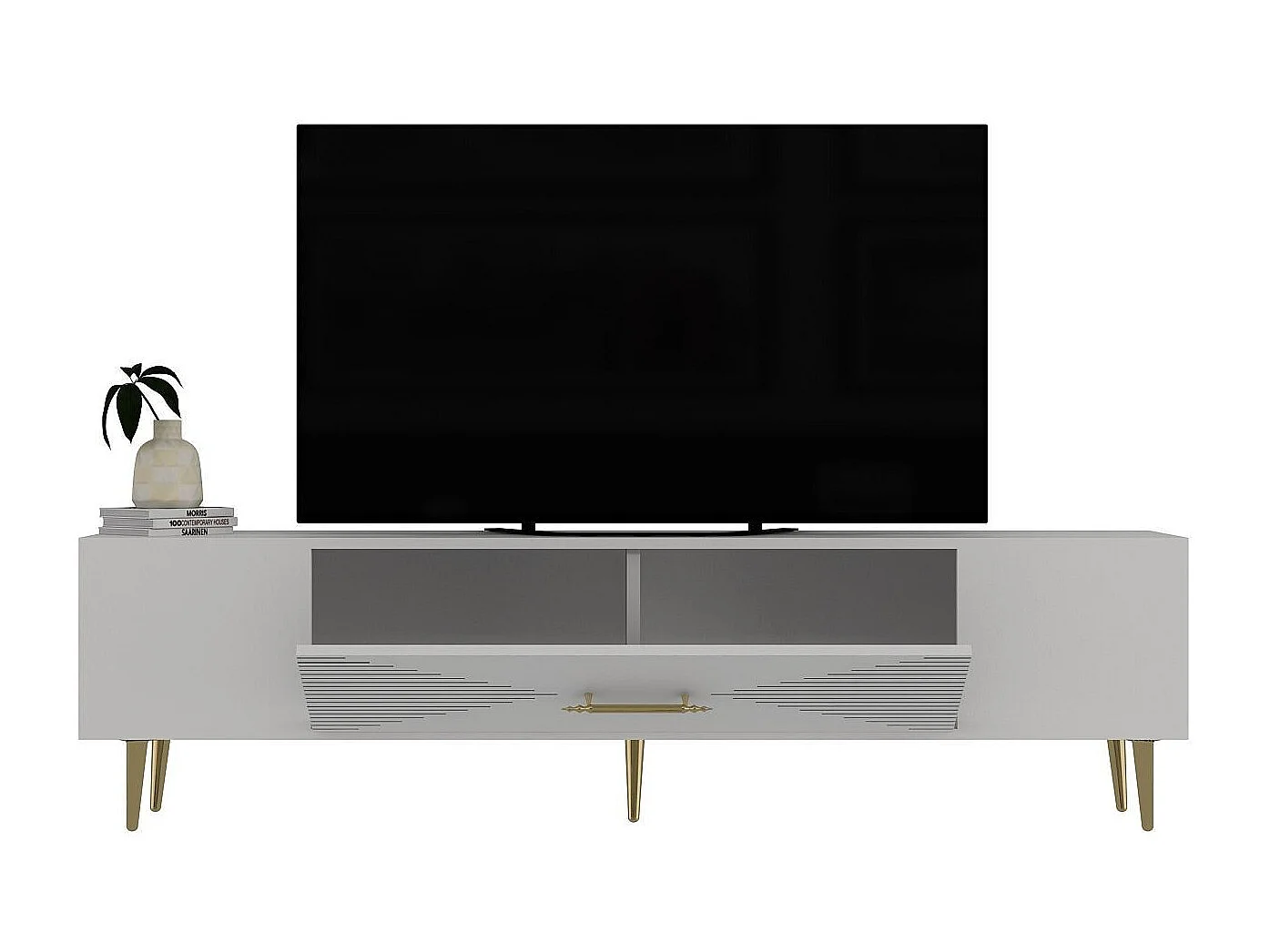 Meuble Tv design 1 porte basculante Steli L150cm Blanc et Or